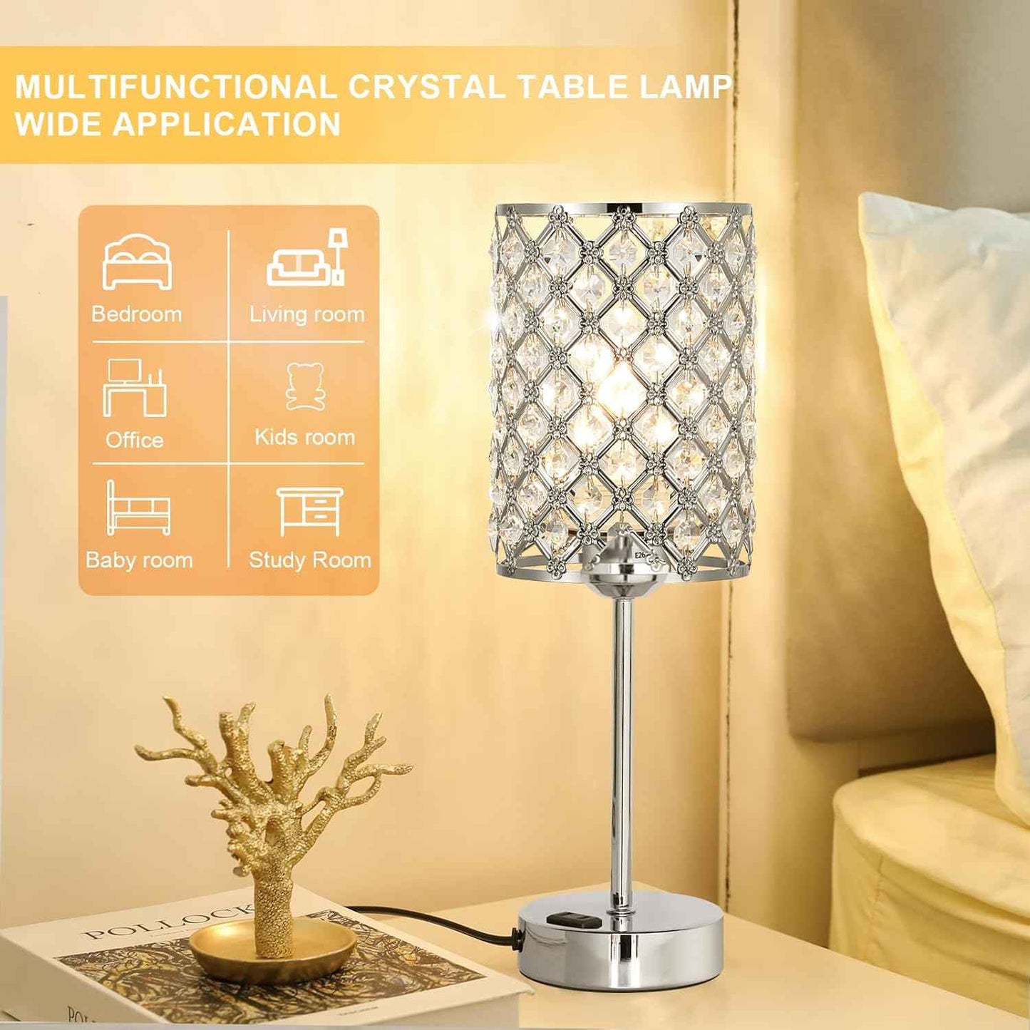 Dimmable Touch Control Crystal Table Lamp Set of 2 with USB-C & AC Ports - Elegant Nightstand Lighting for Bedroom & Living Room