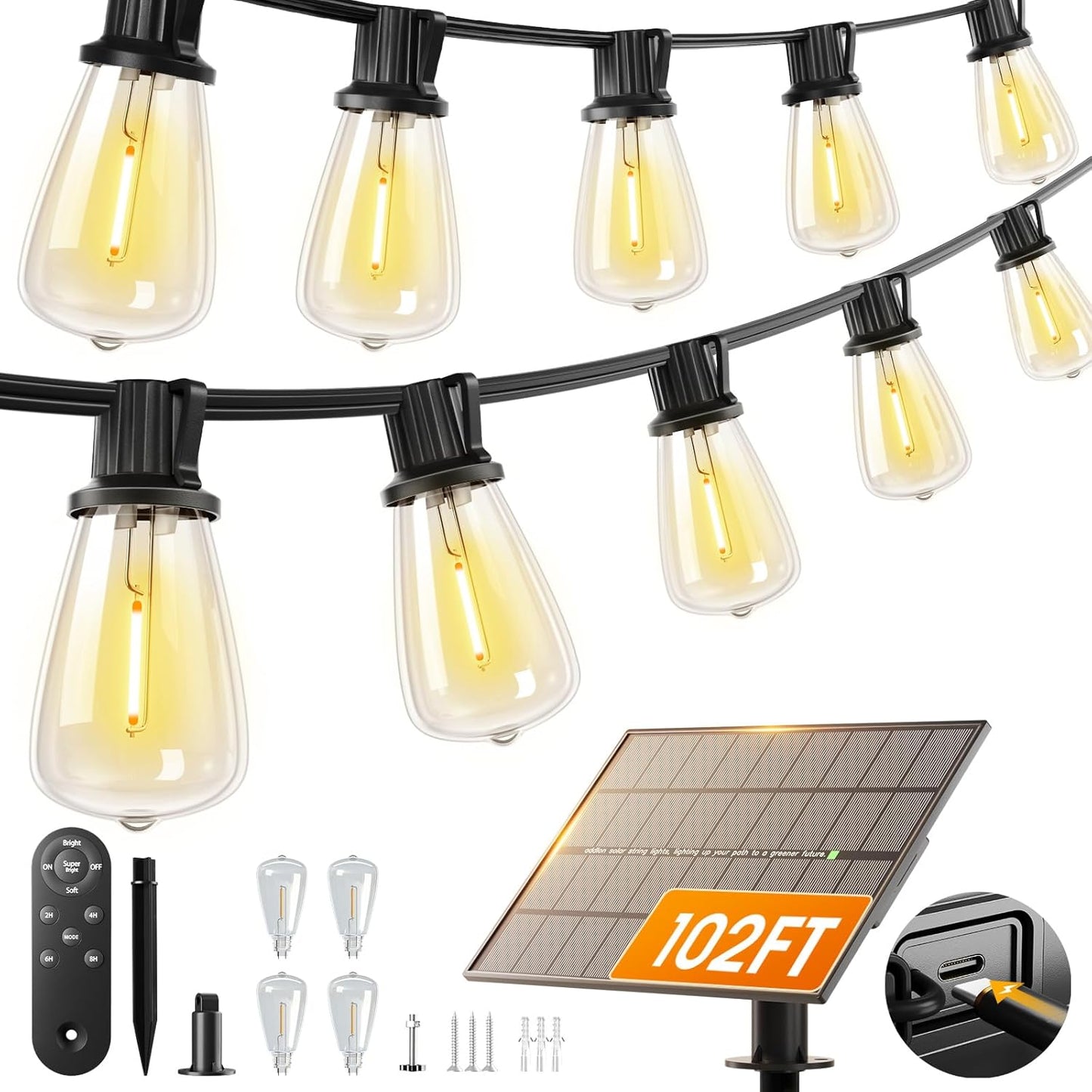 Solar String Lights Outdoor 102FT - 30+2 Waterproof LED Bulbs, Remote Control, Dimmable, 3 Modes for Patio & Garden