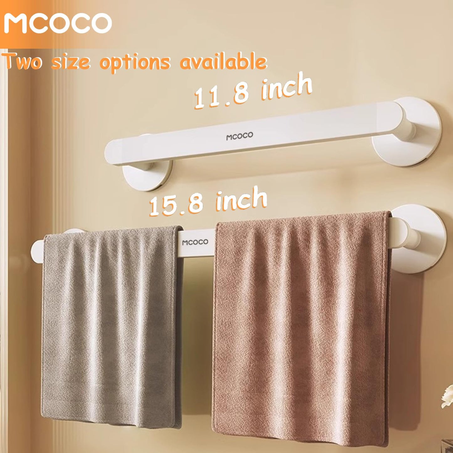 MCOCO Towel Rack for Bathroom Wall Mounted Adhesive Holder No Drill 15.8 inch Multi Use Space Saving Hanger for Towels Pot Lids Shoes 4 Layer Shield Rustproof Home Decor Classic White