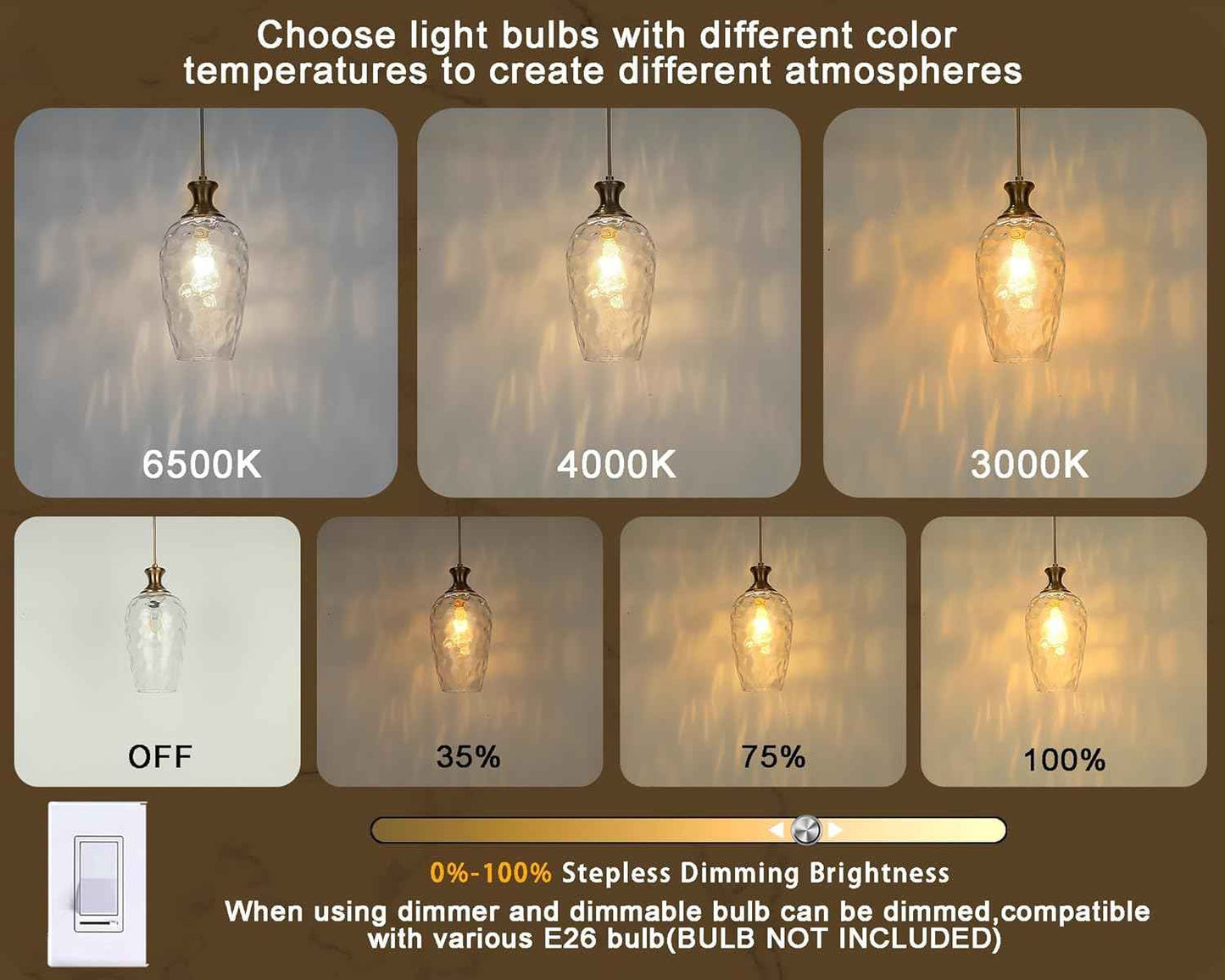 Brushed Nickel Glass Pendant Light Fixture - Modern 1-Light Hanging Lamp for Kitchen Island & Dining Room