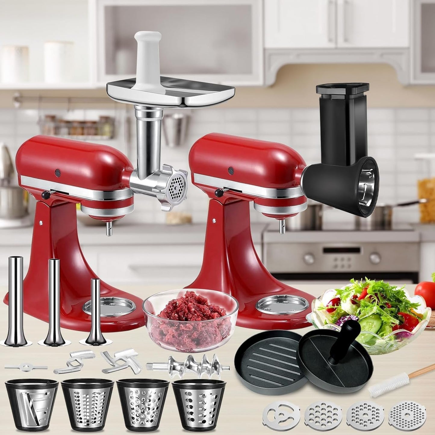 KitchenAid Meat Grinder & Cheese Grater Attachment Set - 4 Plates, 3 Sausage Tubes, Shredder & Burger Press