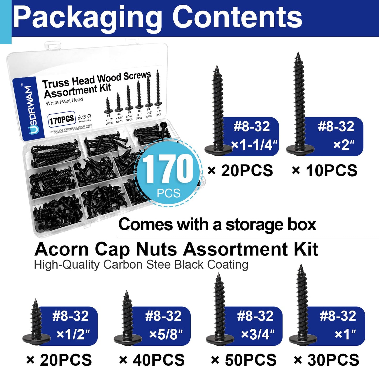 170 PCS #8 Black Wood Self Tapping Screws Assortment Kit, Carbon Steel Wood Screws Set 6 Size(1/2", 5/8", 3/4", 1", 1-1/4", 2")