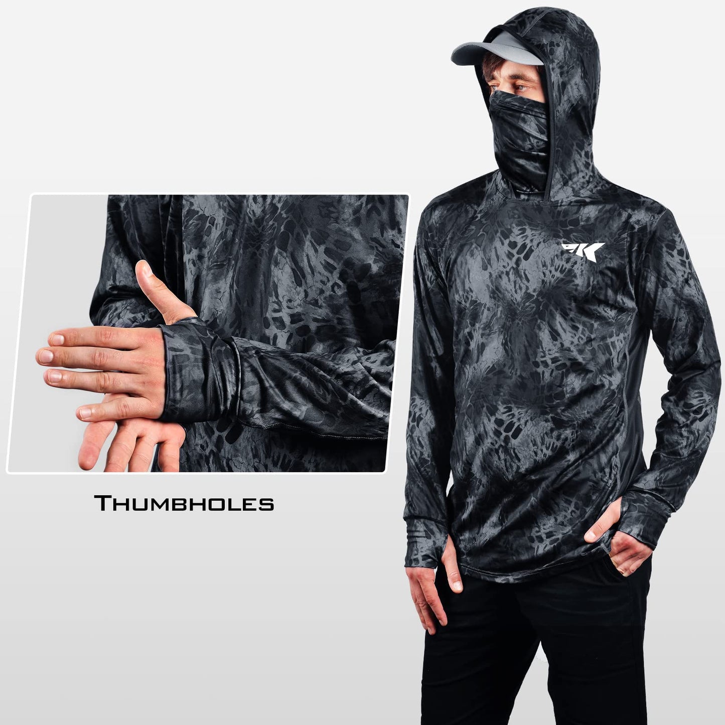 KastKing UPF 50 Fishing Hoodie Shirt for Men and Women, Long Sleeve Fishing Hiking Shirt, Breathable Moisture Wicking,Blackout,Large