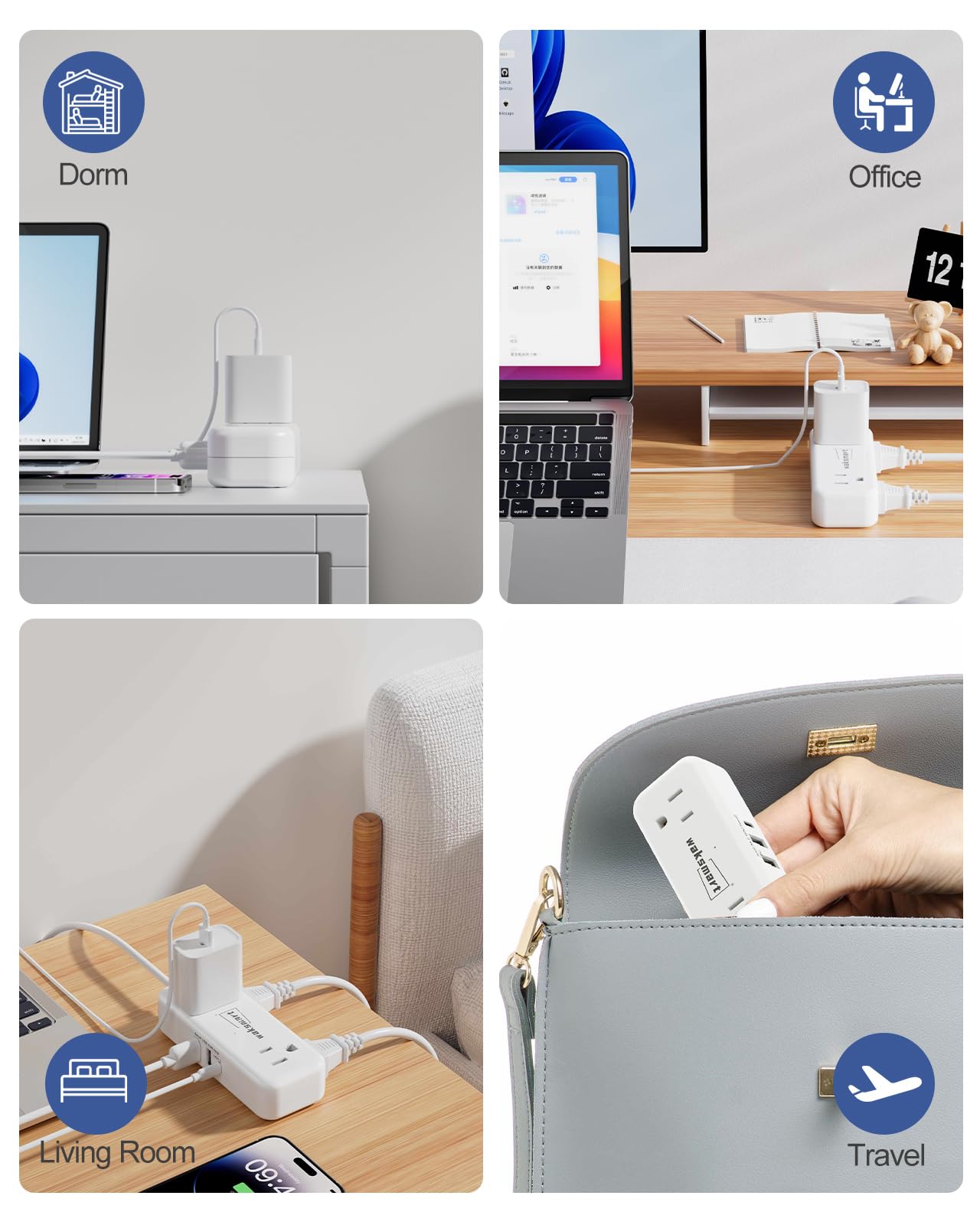 Flat Plug Extension Cord 3 Feet with 4 AC Outlets 3 USB Ports (5V/3.4A 17W), Flat Plug Power Strip Compact for College Dorm, Travel, Home, White