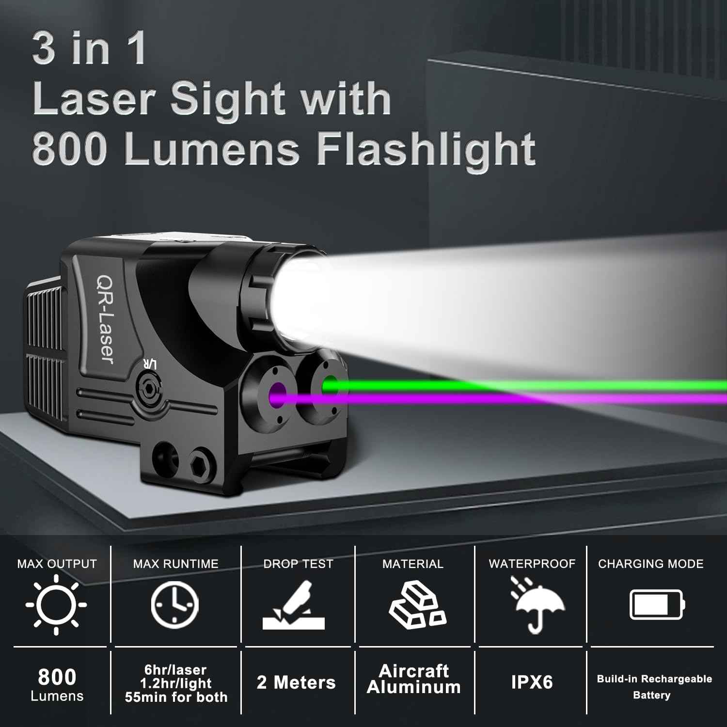 800 Lumens Tactical Flashlight Laser Sight Combo - USB Rechargeable LED Light for Handguns