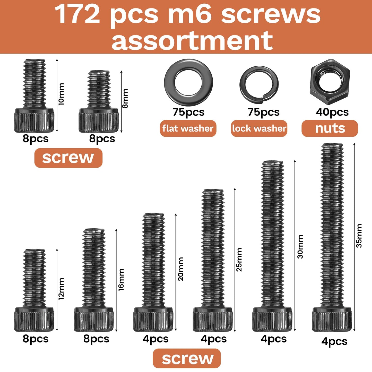 172 Pcs M6 Screws Assortment Kit, M6x 8/10/12/16/20/25/30/35mm M6 Bolts Kit 12.9 Alloy Steel Nuts and Bolts Assortment Kit Black Zinc Plated Hex Socket Head Screws Nuts Bolts and Washers Set