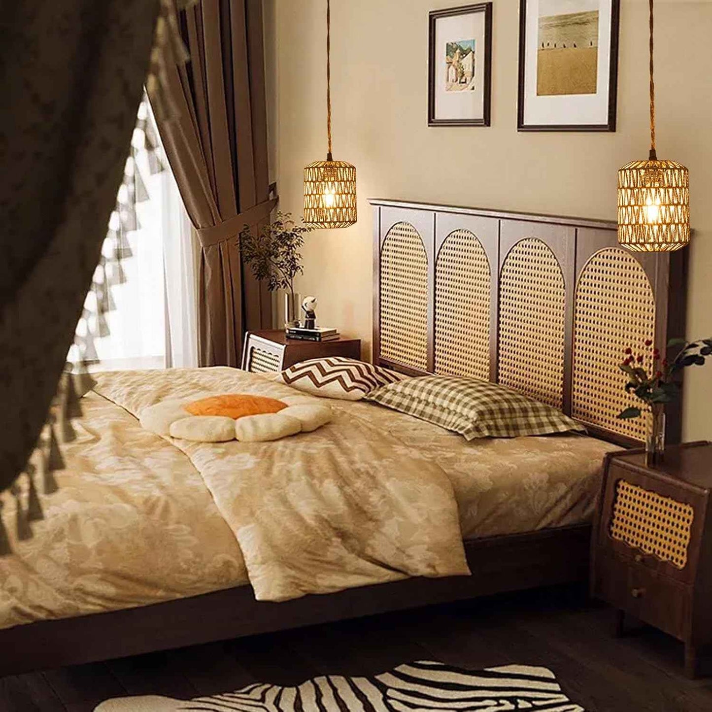 Boho Rattan Pendant Light with 3 Bulbs & 22ft Cord - Woven Hanging Chandelier for Bedroom, Kitchen, Hallway