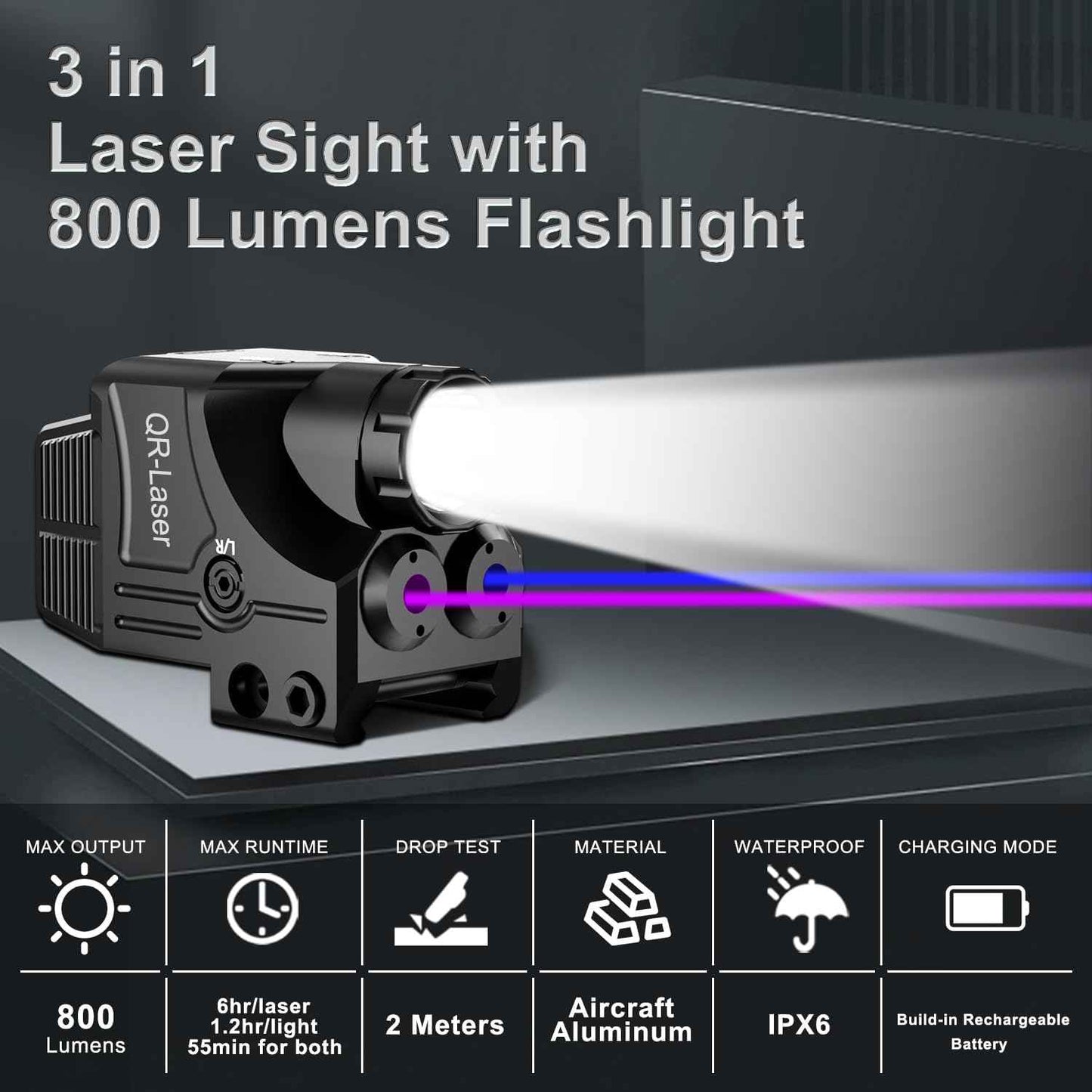 800 Lumens Tactical Flashlight Laser Sight Combo - USB Rechargeable LED Light for Handguns