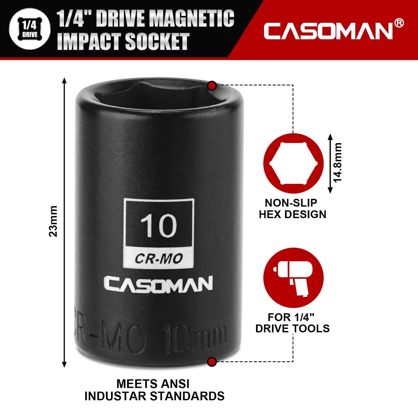 CASOMAN 1/4" Drive 10mm Shallow Magnetic Impact Socket, Metric, 6-Point, CR-MO with Black Phosphate Finish