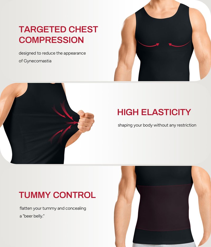 Nebility Shapewear Mens Compression Shirt - Slimming Body Shaper Tummy Control Shapewear Vest Workout Tank Tops Undershirts (Black, Large)