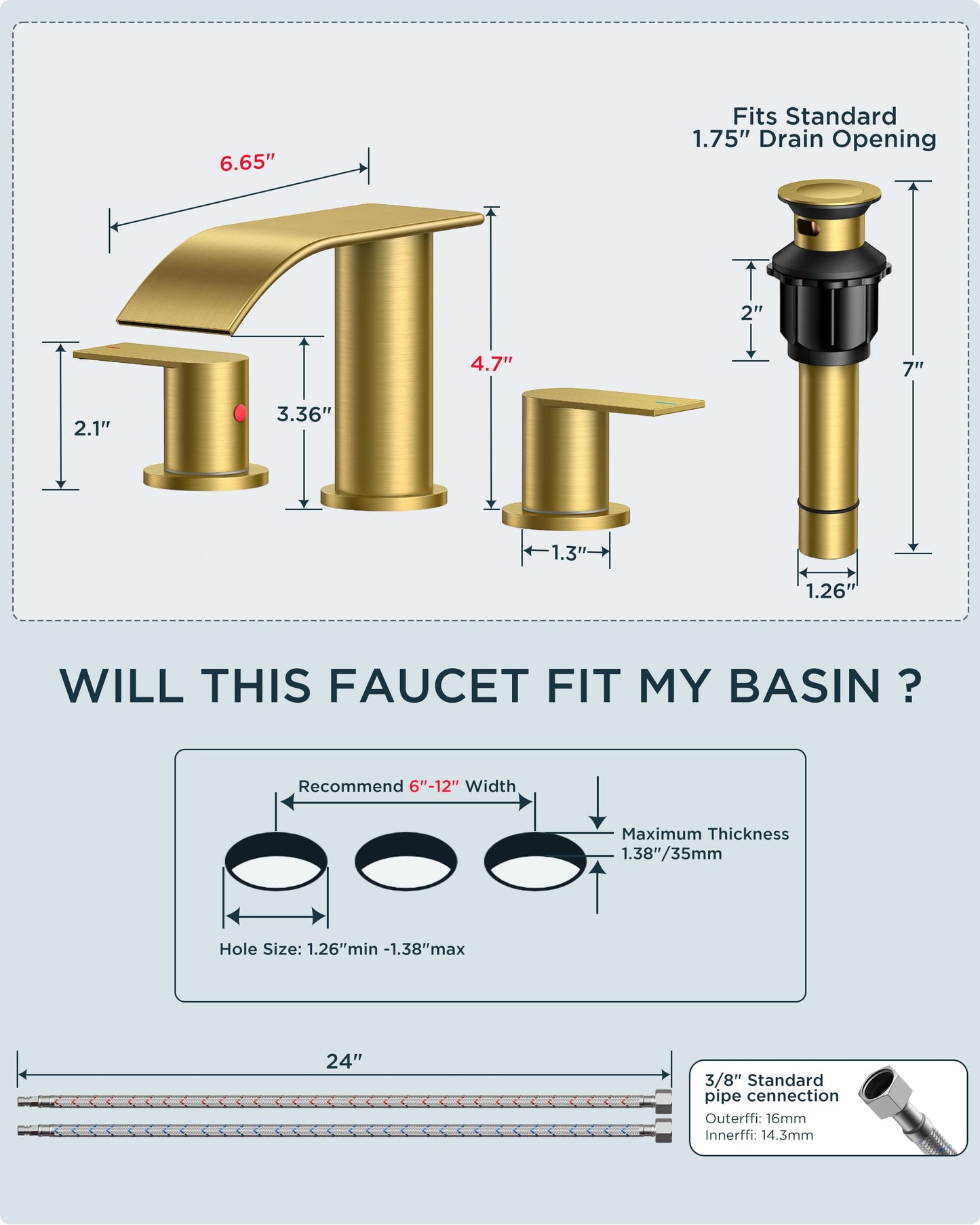 FORIOUS Upgrade Brushed Gold Bathroom Faucets 3 Hole, 8 Inch Widespread Waterfall Bathroom Sink Faucet Two Handle with CUPC Hose and Metal Pop-up Drain for Lavatory, Farmhouse, Rv Remodel
