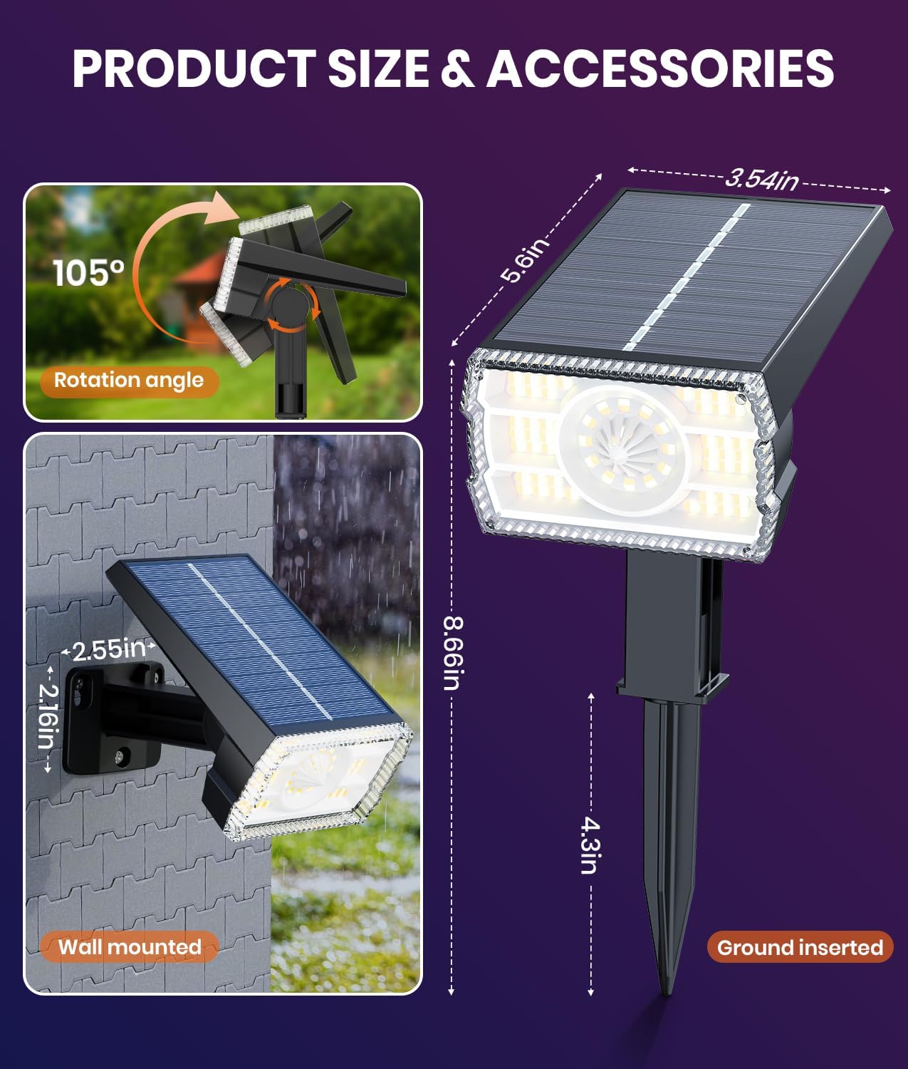 Adjustable Solar Spot Lights Outdoor - 3 Color Modes, IP67 Waterproof, 2-in-1 Wall & Pathway Lighting for Garden, Yard, Patio & Landscape