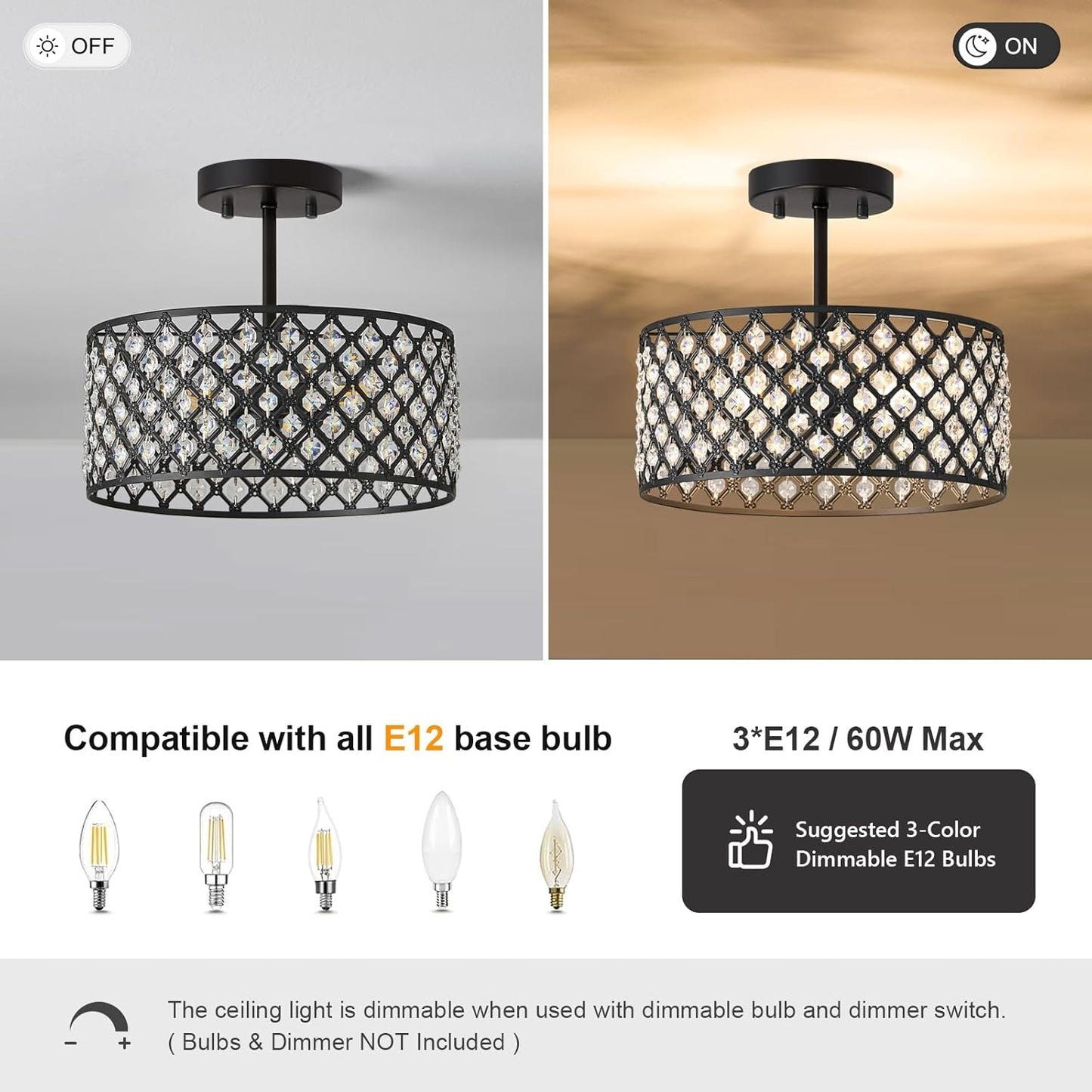 Modern Black Crystal Semi Flush Mount Ceiling Light Fixture - 11.2" Round Chandelier for Dining Room, Hallway, Kitchen & Bedroom
