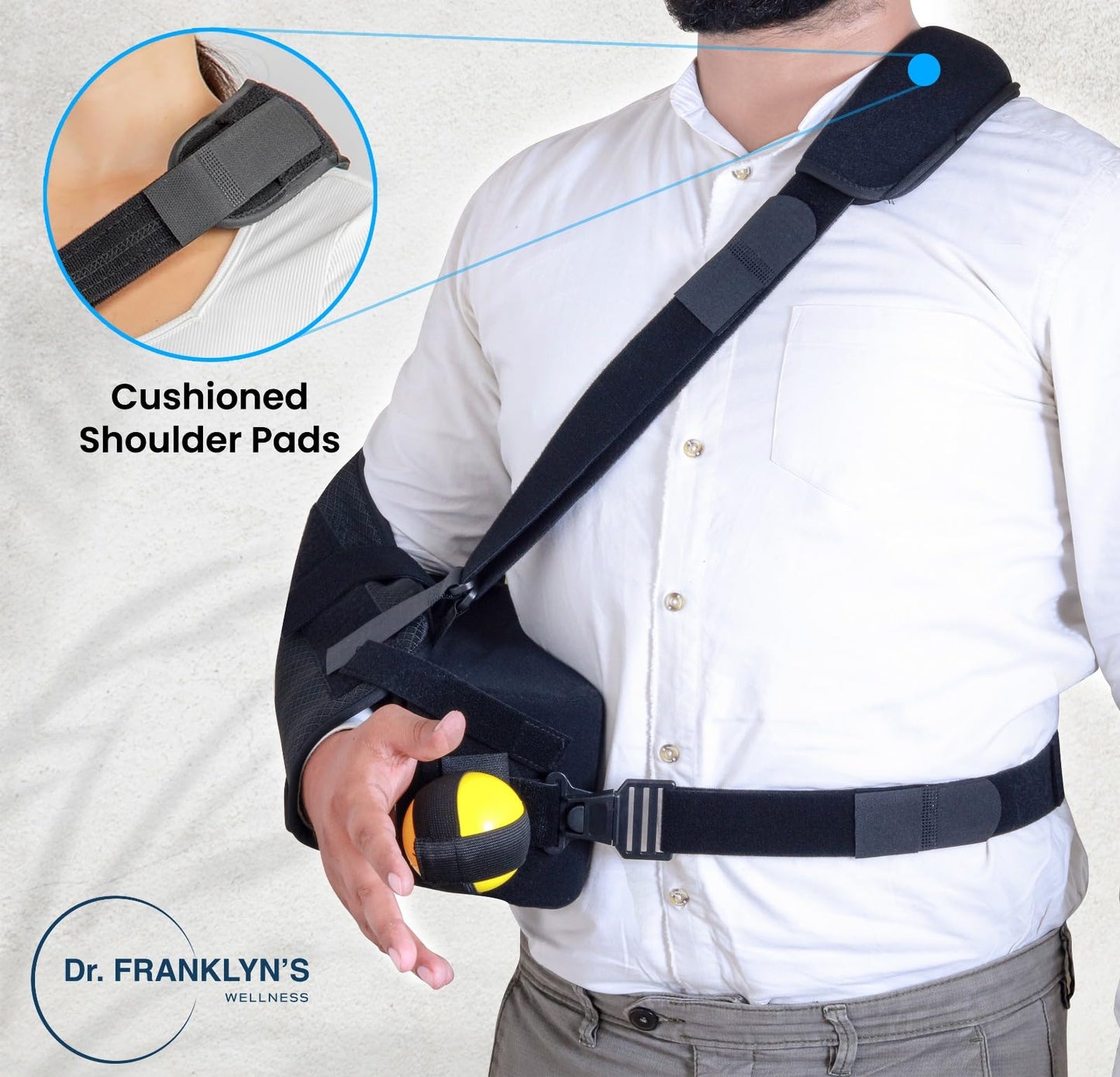 DR FRANKLYN'S Arm Sling Shoulder Immobilizer for Rotator Cuff Pain Relief, Surgery & Broken Arm- Shoulder Abduction Pillow for Injury Support - Brace Includes Pockets-Foam Stress Ball and Wedge