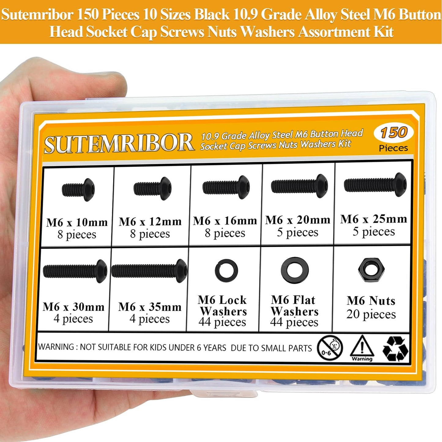 150 Pieces M6 Screws Nuts Washers Set Black, Sutemribor M6 x 10/12/16/20/25/30/35mm Button Head Socket Cap Screws Nuts Washers Assortment Kit, 10.9 Grade Alloy Steel, Fully Threaded