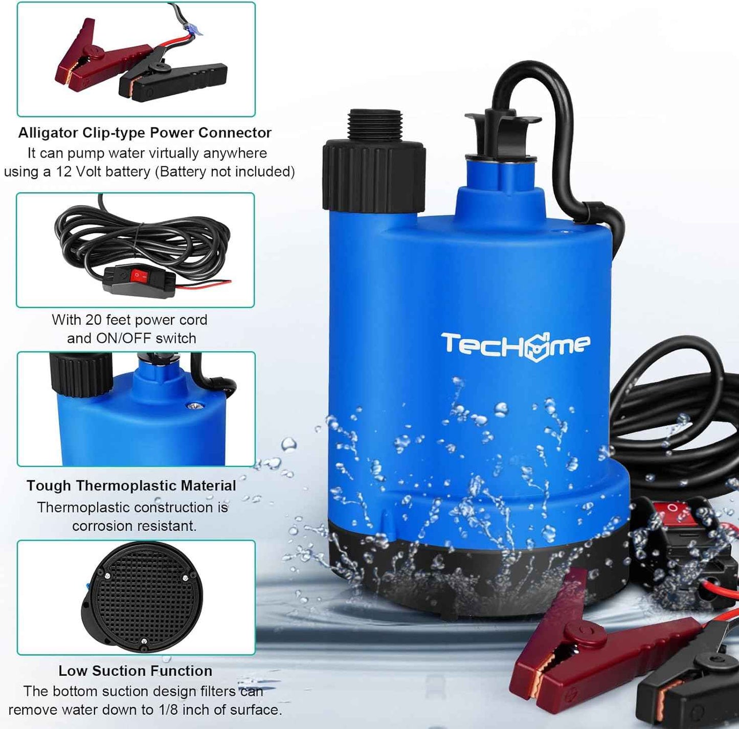 1500GPH Submersible Water Transfer Pump - 12V Sump Pump with 20ft Power Cord