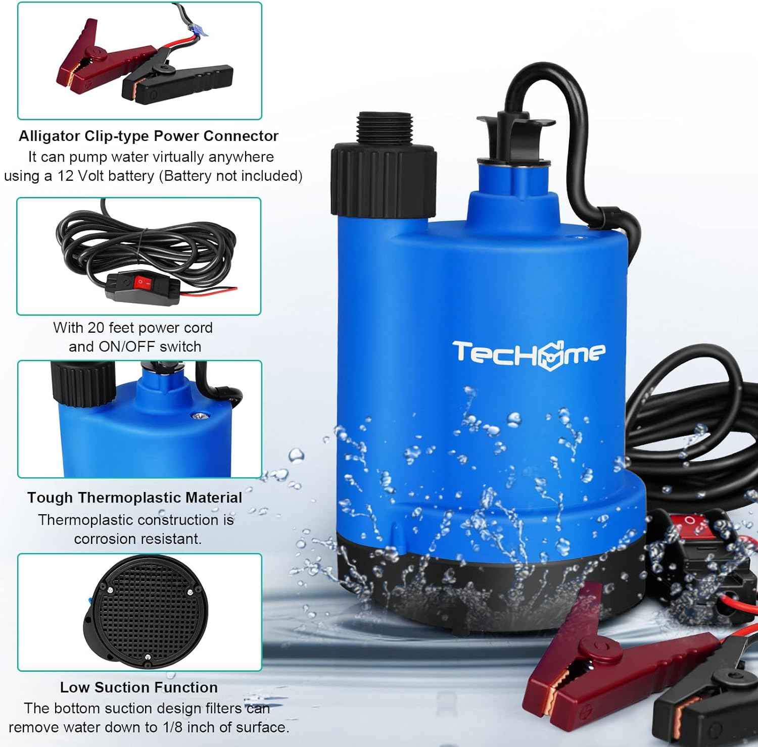1500GPH Submersible Water Transfer Pump - 12V Sump Pump with 20ft Power Cord