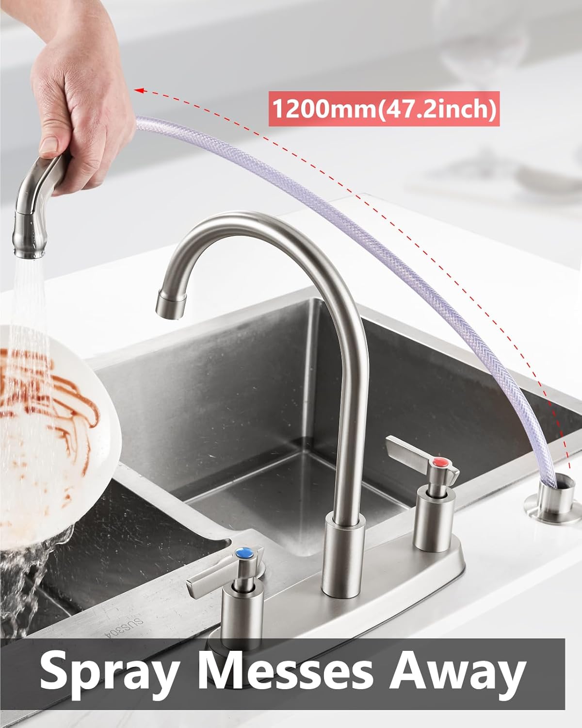 Brushed Nickel Kitchen Faucet with Sprayer - 2 Handle 8-Inch Centerset 3 Hole