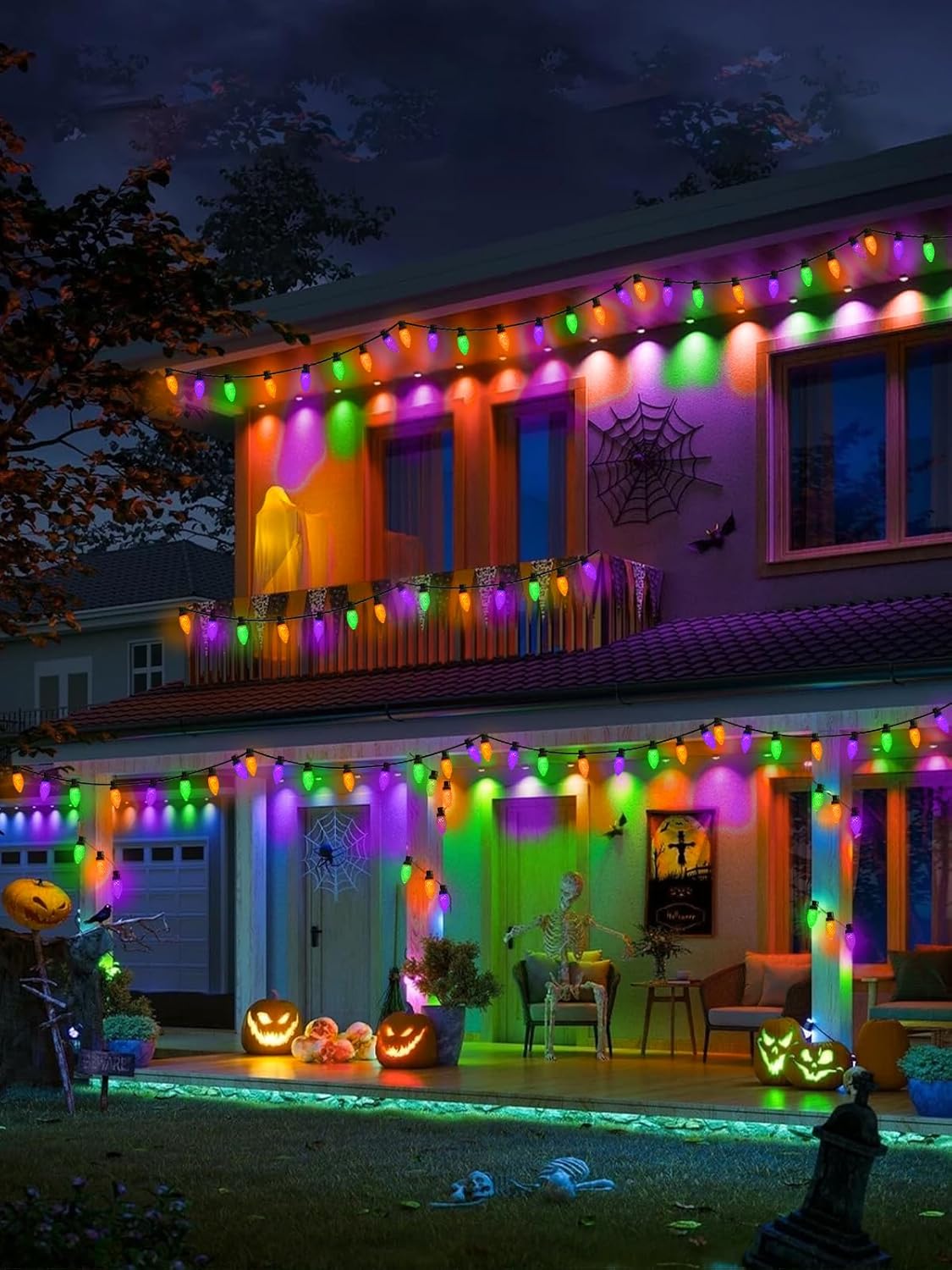 100 LED C9 Halloween String Lights - 66FT Waterproof Twinkle Lights with 8 Modes & Timer for Indoor/Outdoor Decor (Orange, Purple, Green) - 2-Pack