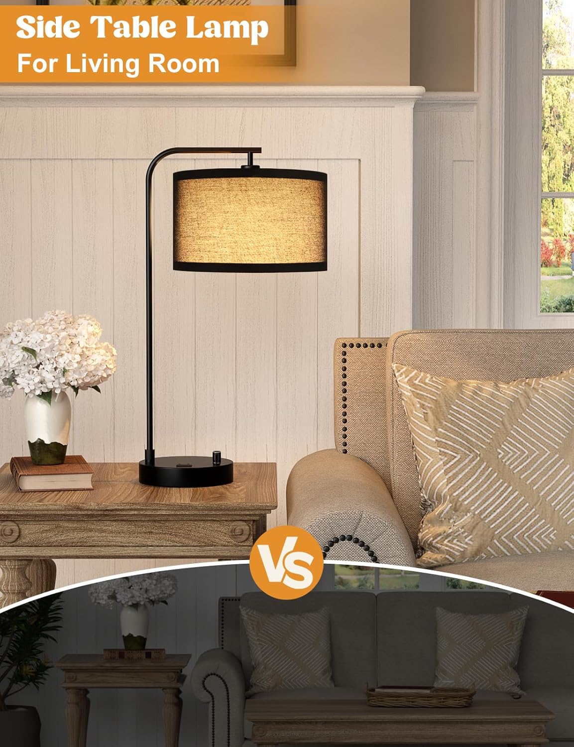 Dimmable Tall Table Lamp with USB Port & Outlet - Linen Shade Bedside Desk Lamp for Bedroom, Living Room, Home Office