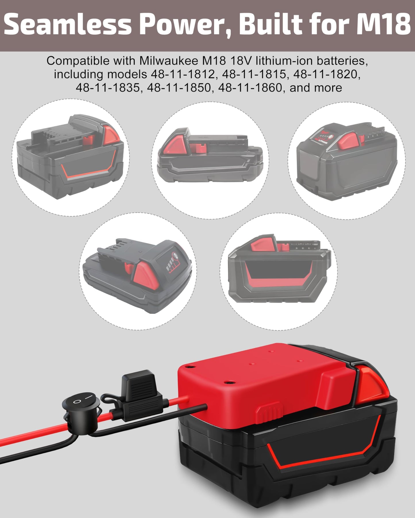 1-Pack 18V for Milwaukee M18 Battery Adapter for Power Wheels Battery Upgrade Conversion Kit with Switch Fuses Wire Connectors 12AWG Wire Power Tool Drill Battery Converter Adapter for DIY RC Car, Etc