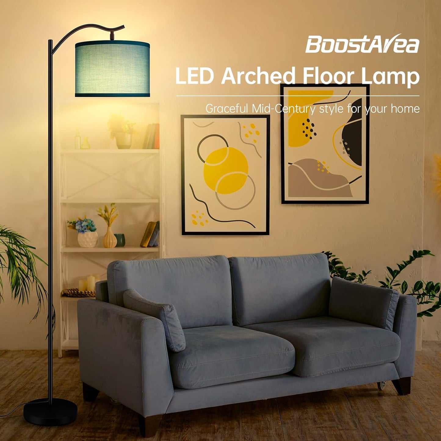 Modern LED Floor Lamp with Bohemian Linen Shade – Arched Tall Standing Light for Living Room & Bedroom