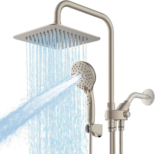 High Pressure Dual Shower Head Combo with Handheld - 8" Rainfall & 6 Spray Settings, Adjustable Brushed Nickel