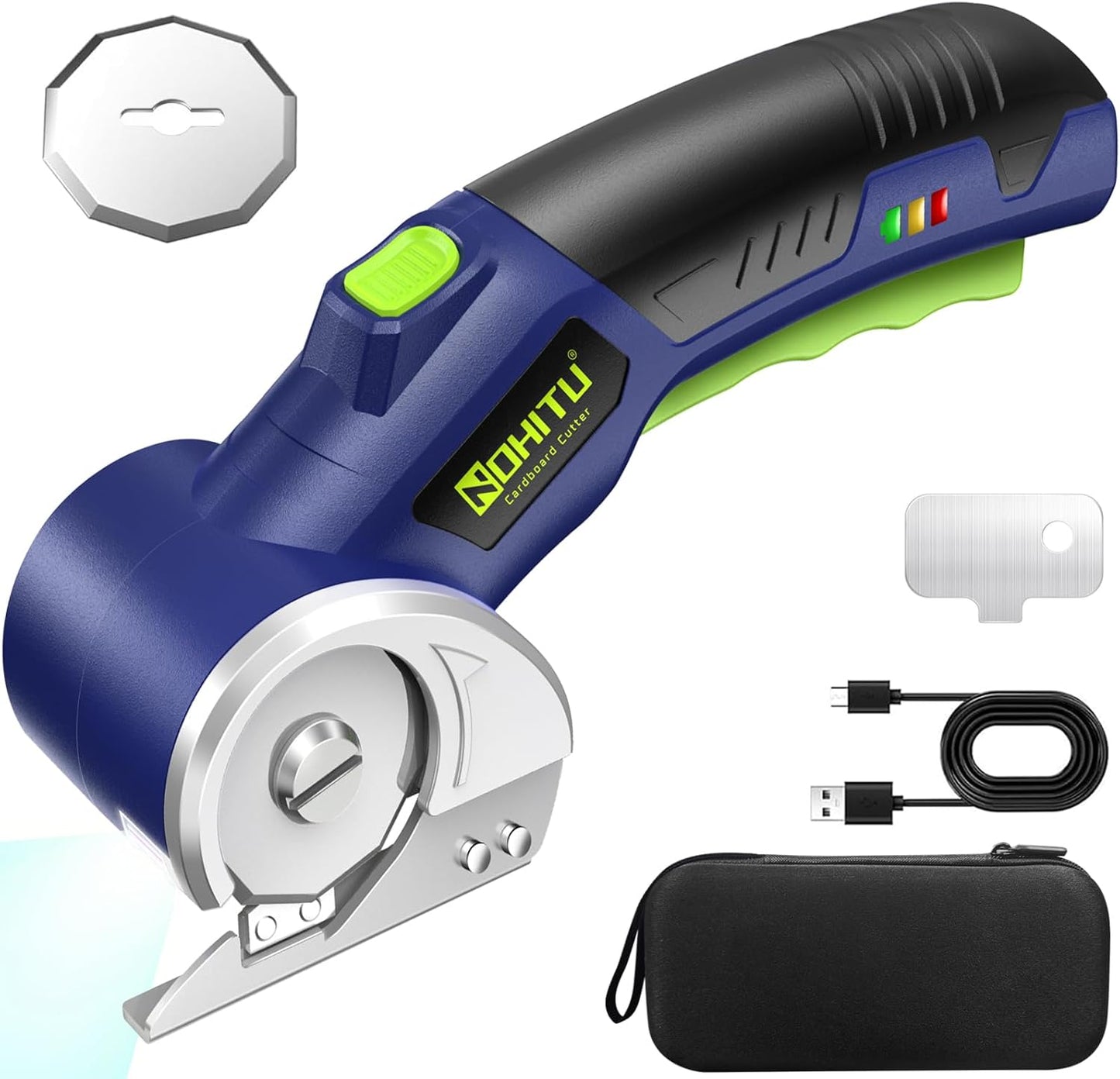 Rechargeable Cordless Electric Scissors - 4V Rotary Cutter with LED Light & 2 Blades for Fabric, Cardboard, and Plastic