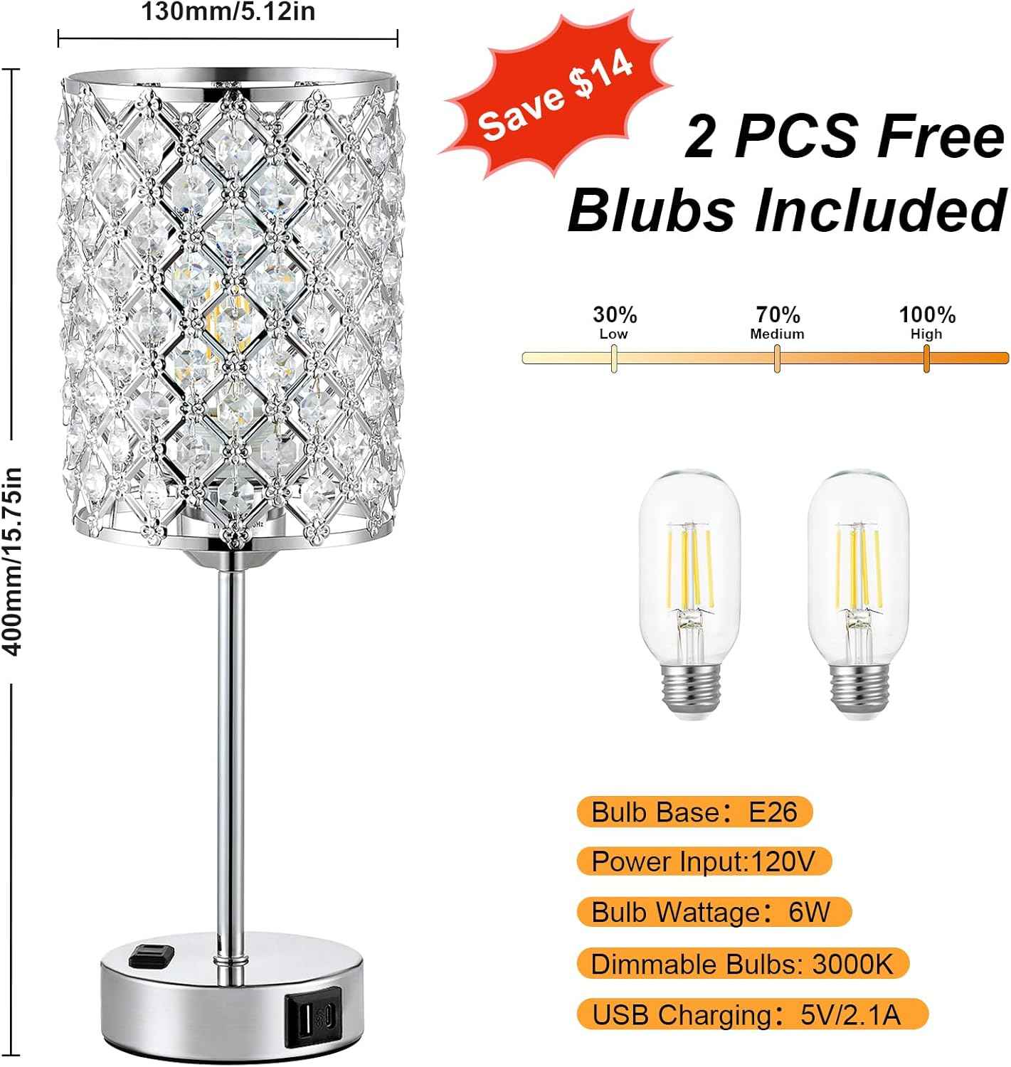Dimmable Touch Control Crystal Table Lamp Set of 2 with USB-C & AC Ports - Elegant Nightstand Lighting for Bedroom & Living Room