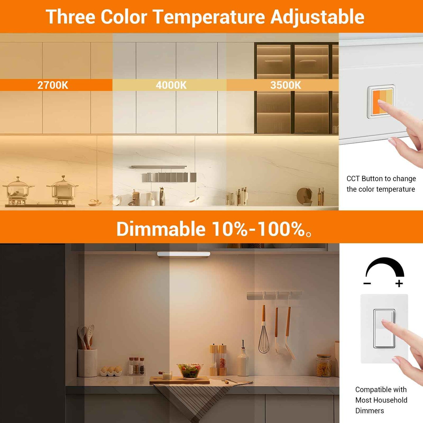 Dawnrise 24" Hardwired Under Cabinet Light (2 Pack), Linkable,1270 Lumens, 3 Color Selectable, Brightness Adjustable, Under Counter Lights for Kitchen, Wide Luminous Surface, White Finish, Metal Base