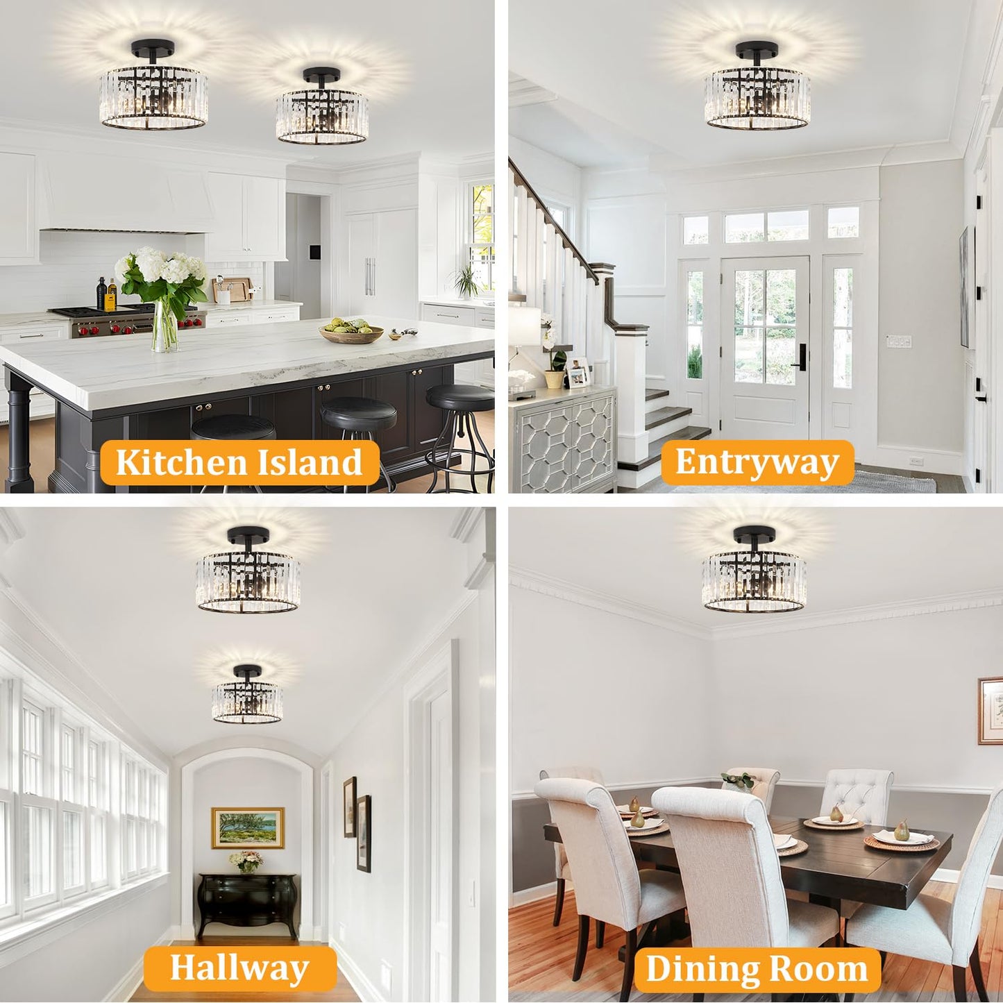 TOULMJ Crystal Ceiling Light, 3-Light Semi Flush Mount Ceiling Lighting Fixture, Black Round Hallway Light Fixtures for Kitchen Entryway Bedroom Laundry Room