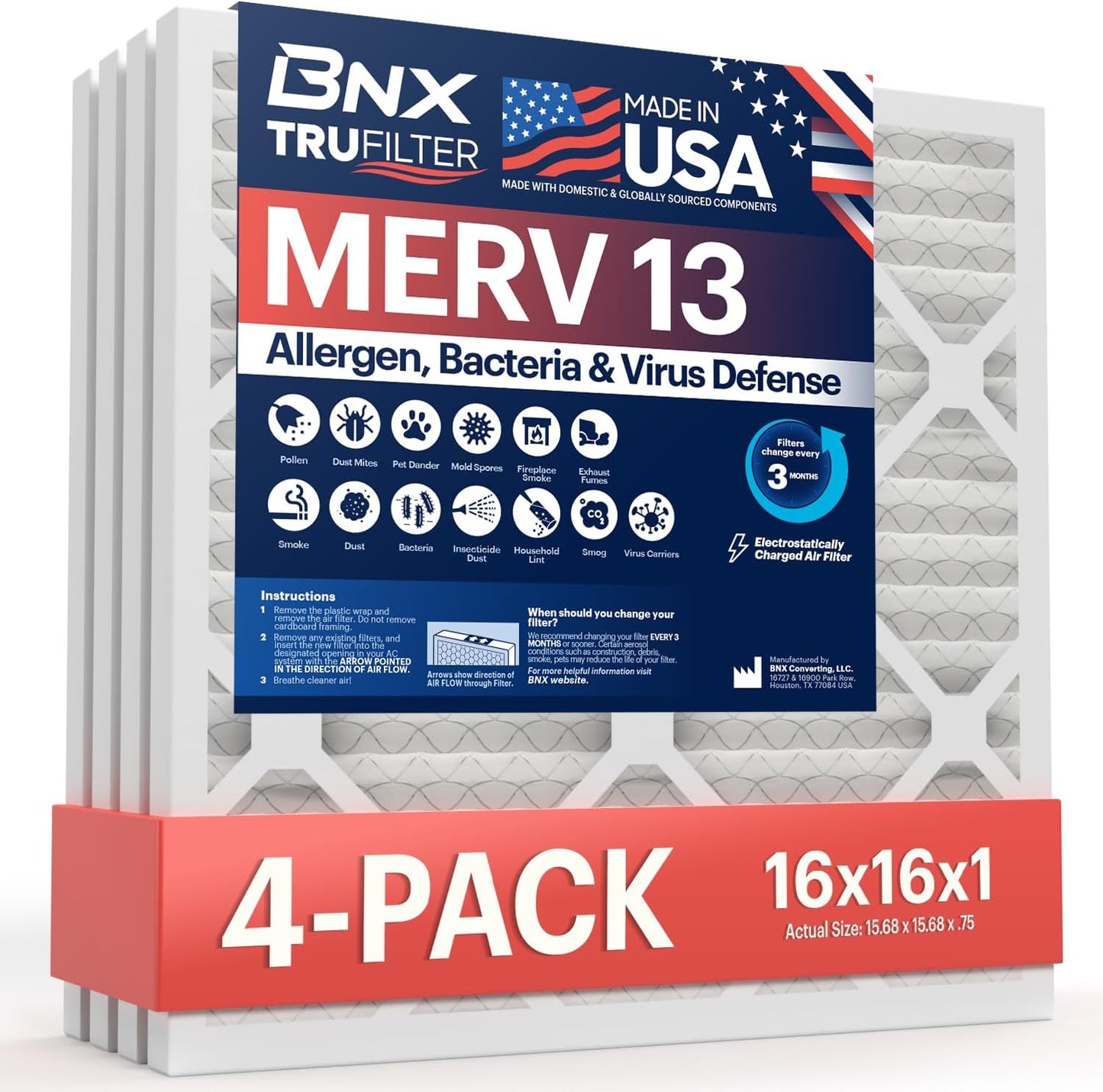 BNX TruFilter 12x12x1 MERV 8 Air Filters (6-Pack) - USA-Made Dust & Pet Defense for HVAC