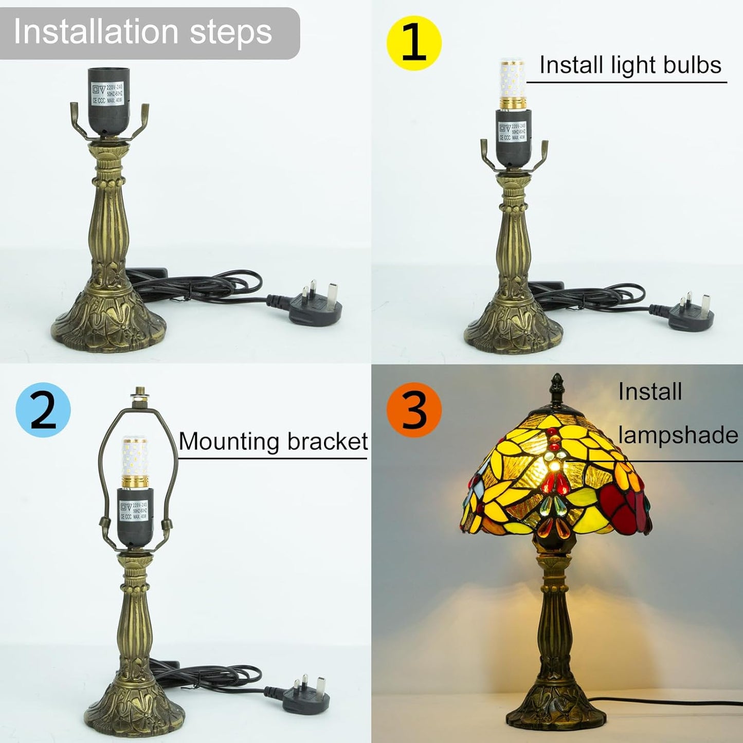 Tiffany Table Lamp - 8 Inch Antique Stained Glass, 3 Color Temperatures, Handcrafted for Bedroom & Living Room