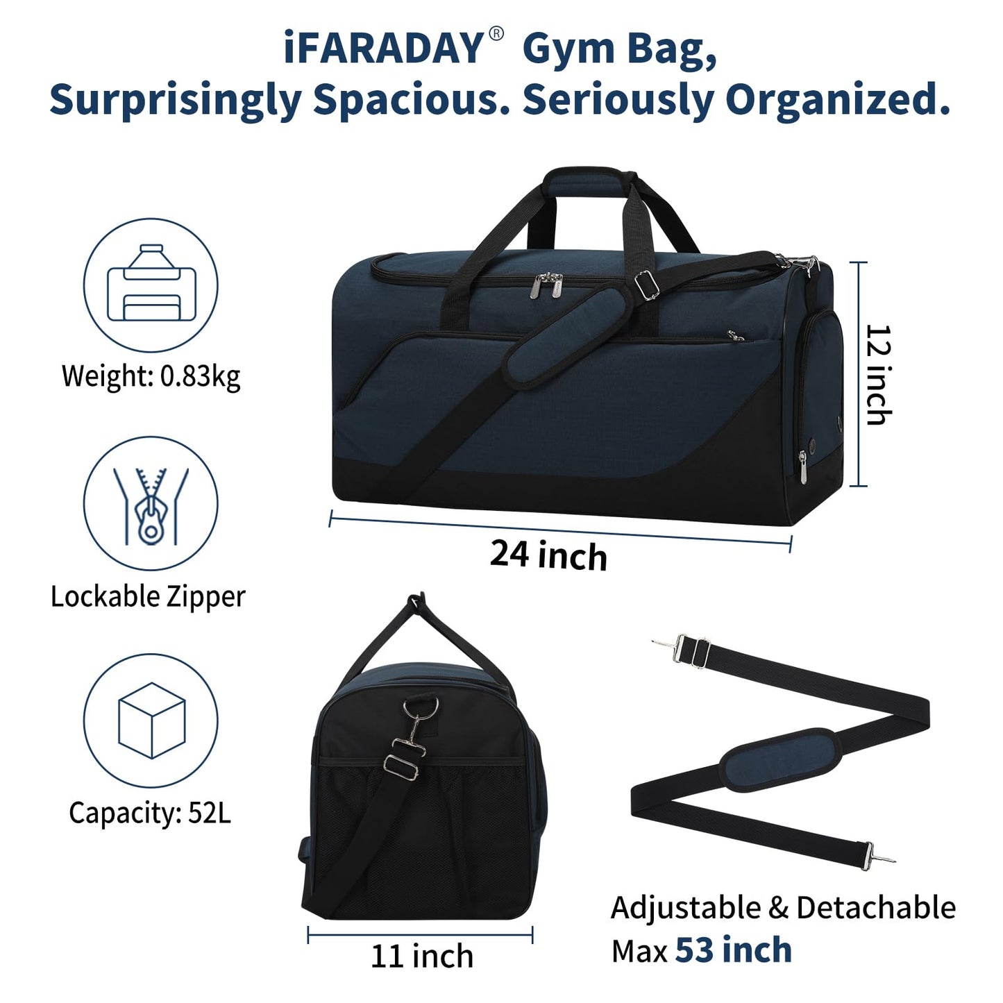 iFARADAY Men's Duffle Bag with Shoes Compartment, 24 inch, Navy Blue