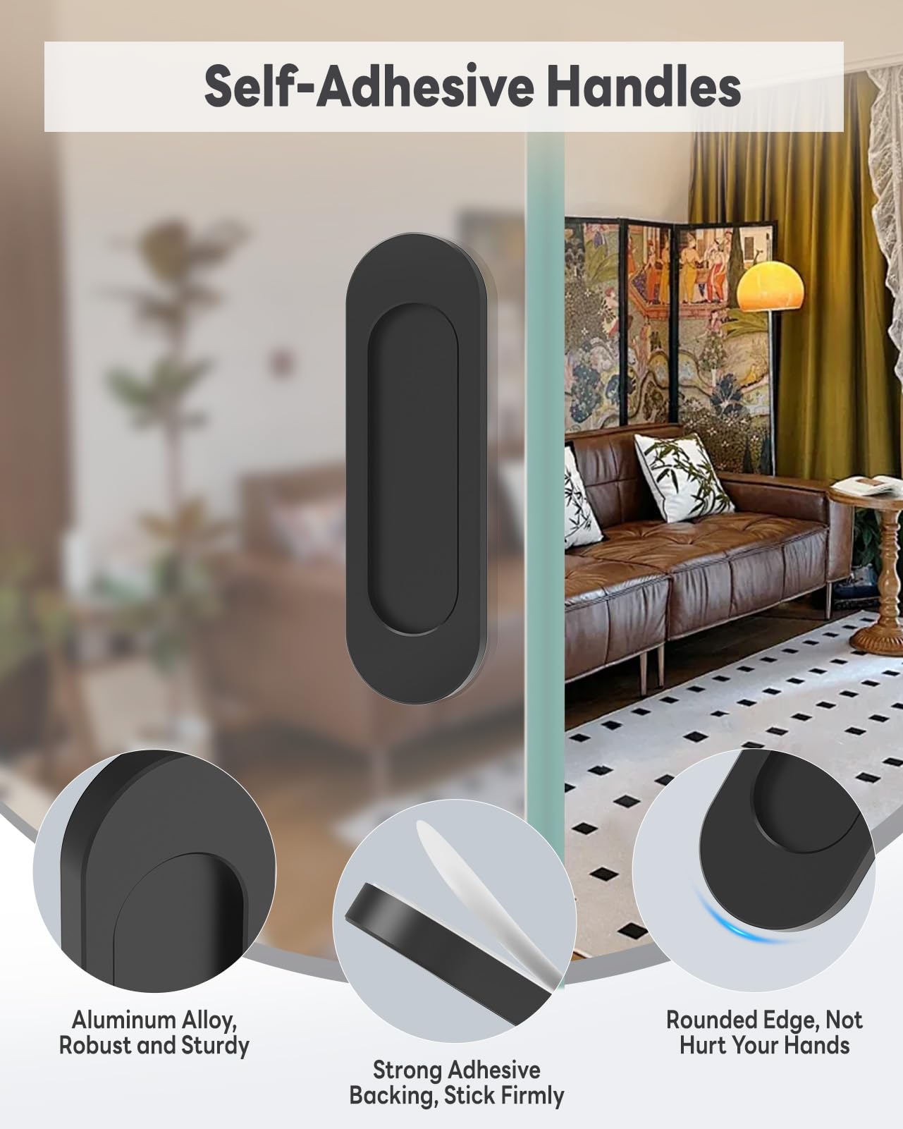 MeBantoo 2 Pack Self-Stick Door Handles, 4 Inch Aluminum Alloy Self Adhesive Flat Finger Pulls, No Drill Cabinet Knobs for Drawer, Sliding Glass/Barn/Closet/Balcony Doors (2, Black)