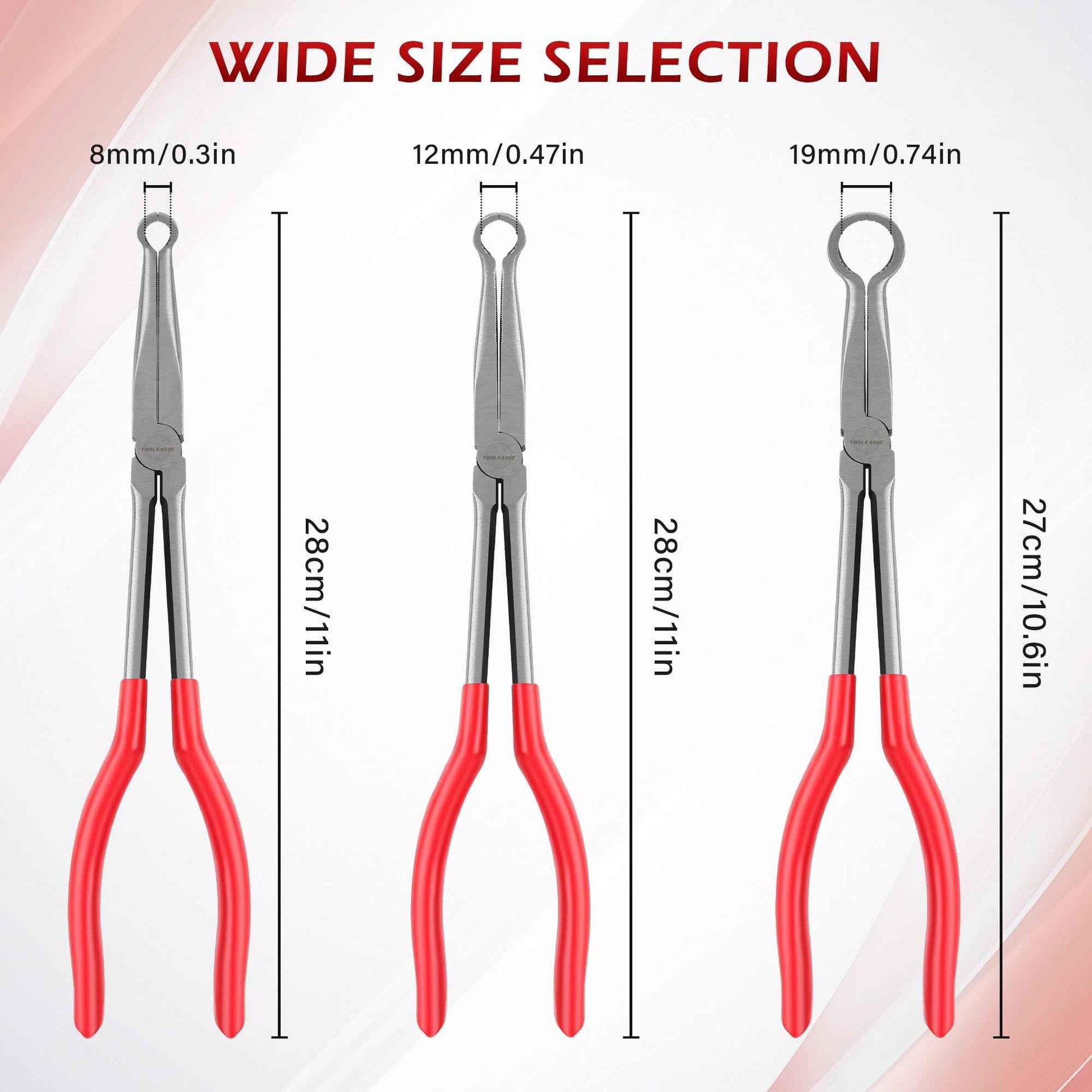TOOLEAGUE 3Pcs Extra Long Hose Gripper Pliers Set, 11" Long Reach Pliers,5/16-Inch, 1/2-Inch, 3/4-Inch Dia,O-shape Tip Craft Repairing Tool,Offset Spark Plug Boot Removal Tool