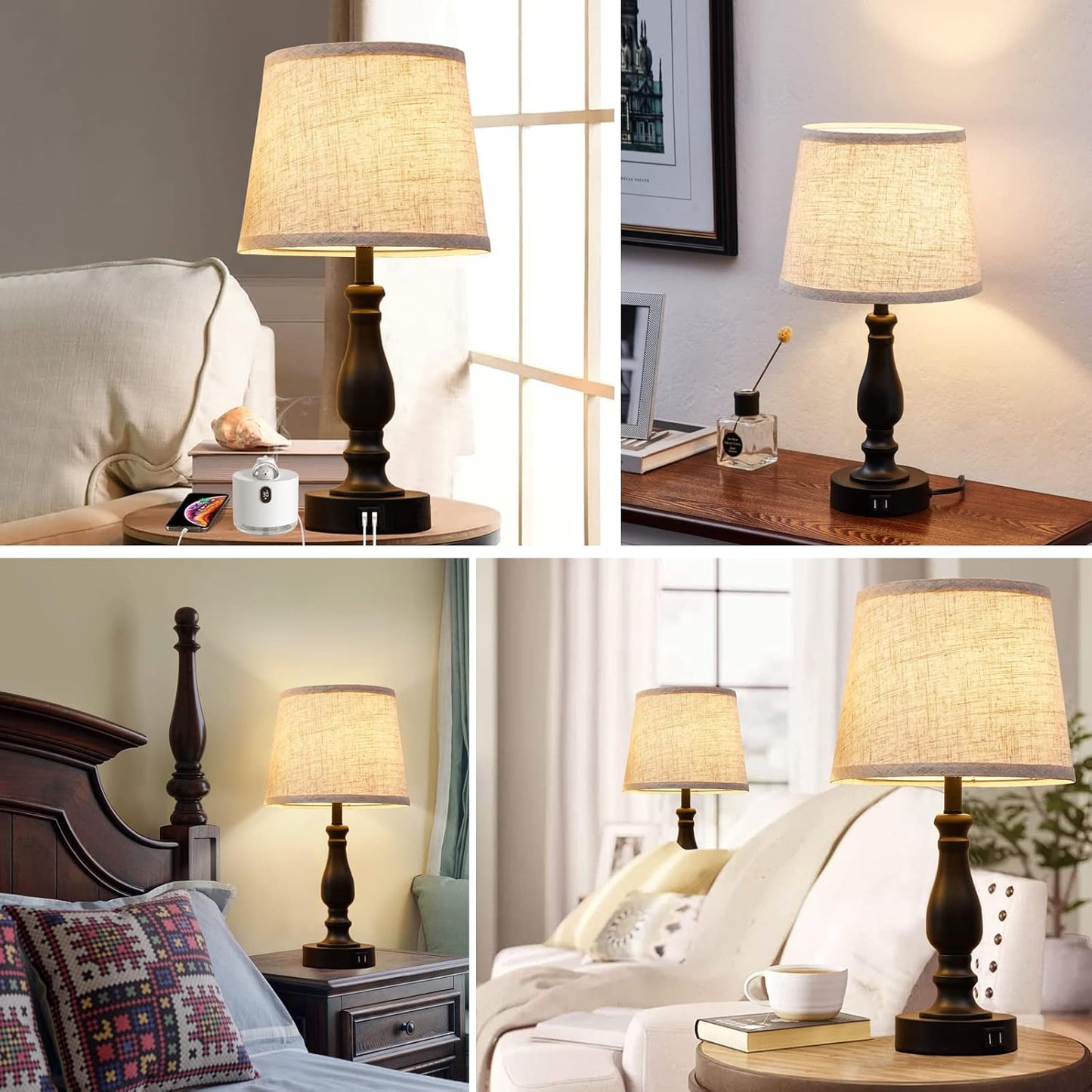 Touch Bedside Table Lamps Set of 2 with USB C+A Ports - 3-Way Dimmable Linen Shade