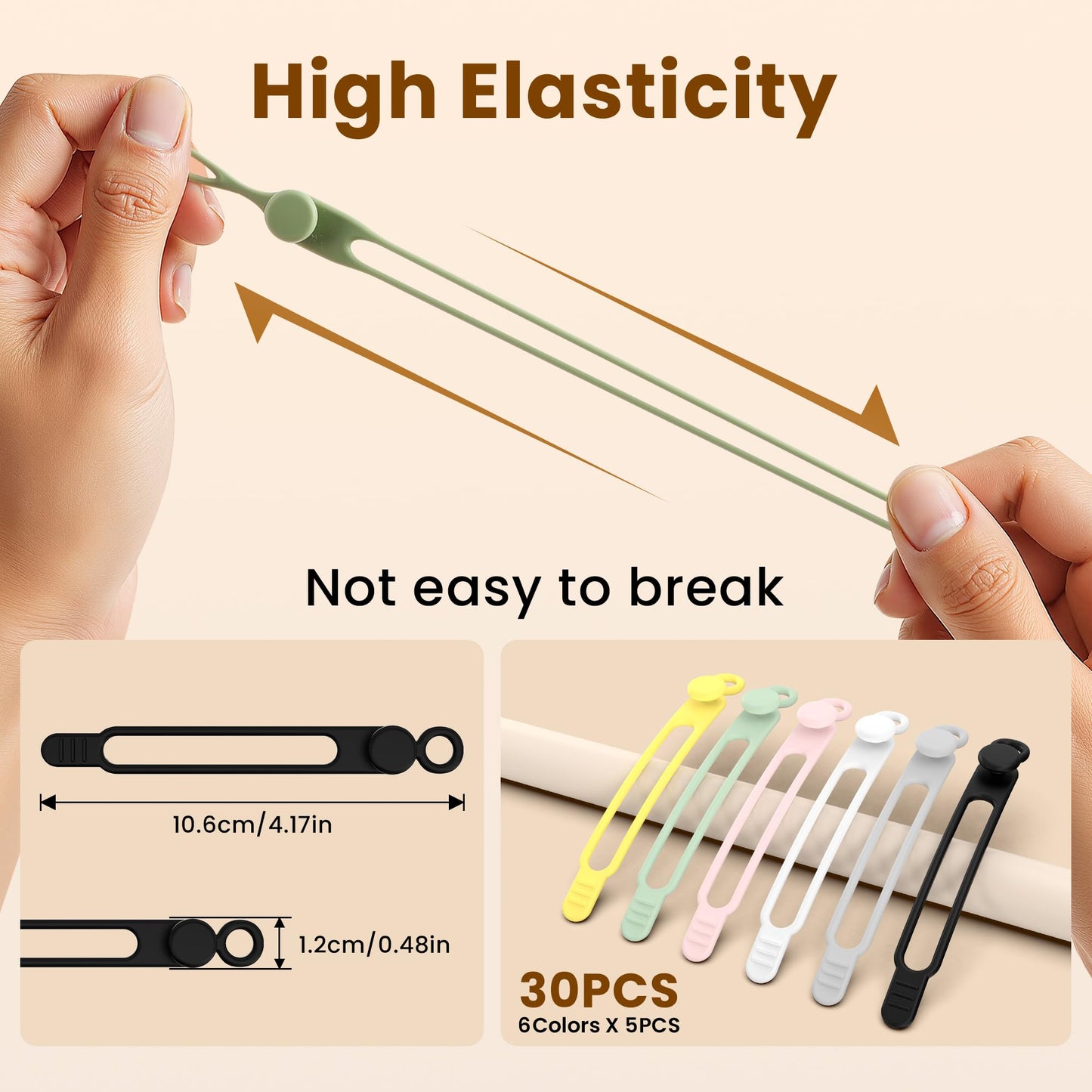 LOOHOI 30Pcs Silicone Cable Ties,Reusable Data Cable Organizer for Office, Multipurpose Elastic Cord Management Ties for Bundling and Fastening Cable Cords Wires