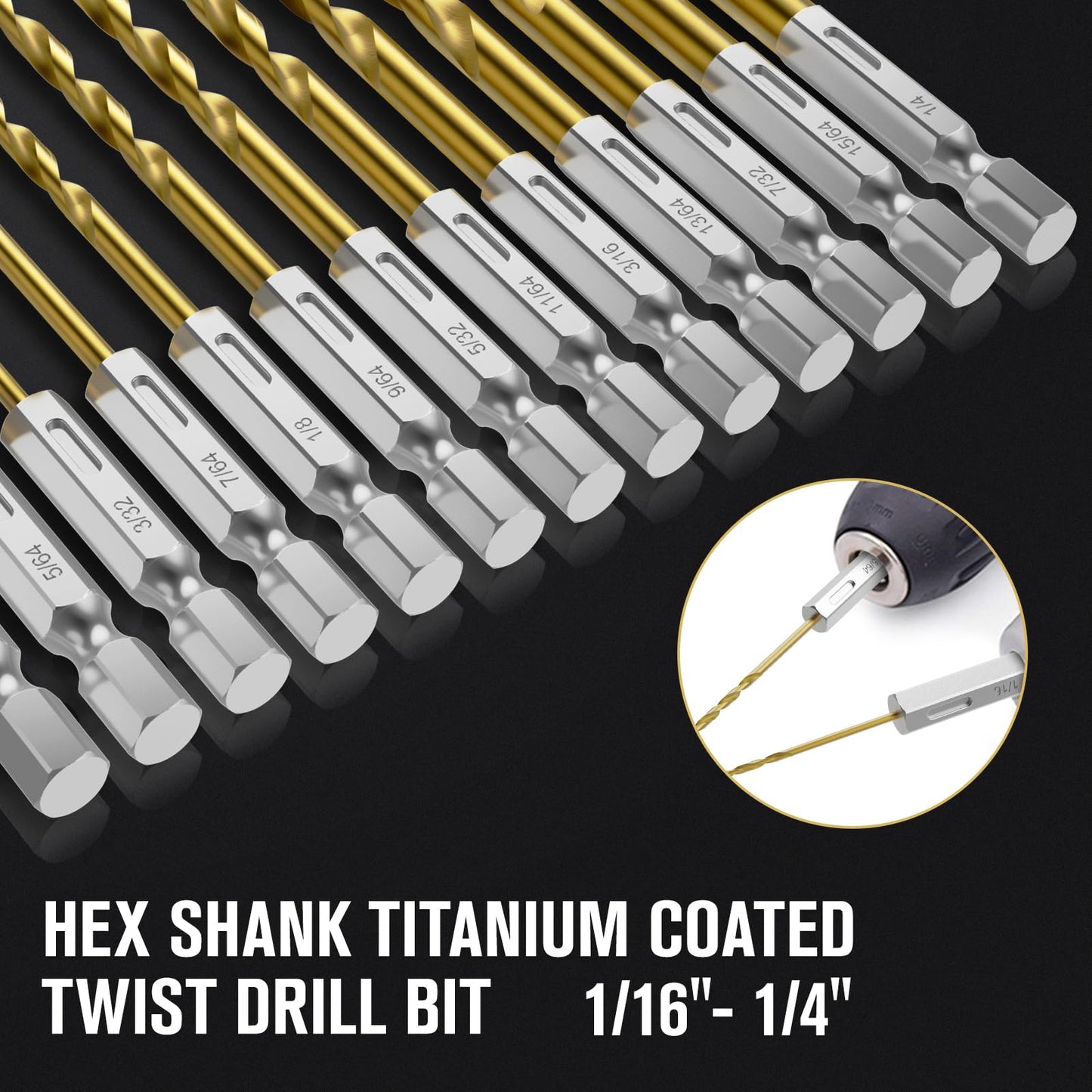 Hex Shank Drill Bit Set, 19Pcs Titanium Twist Drill Bit for Sheet Metal, Wood, Plastic, Quick Change Design (1/16" - 1/4")