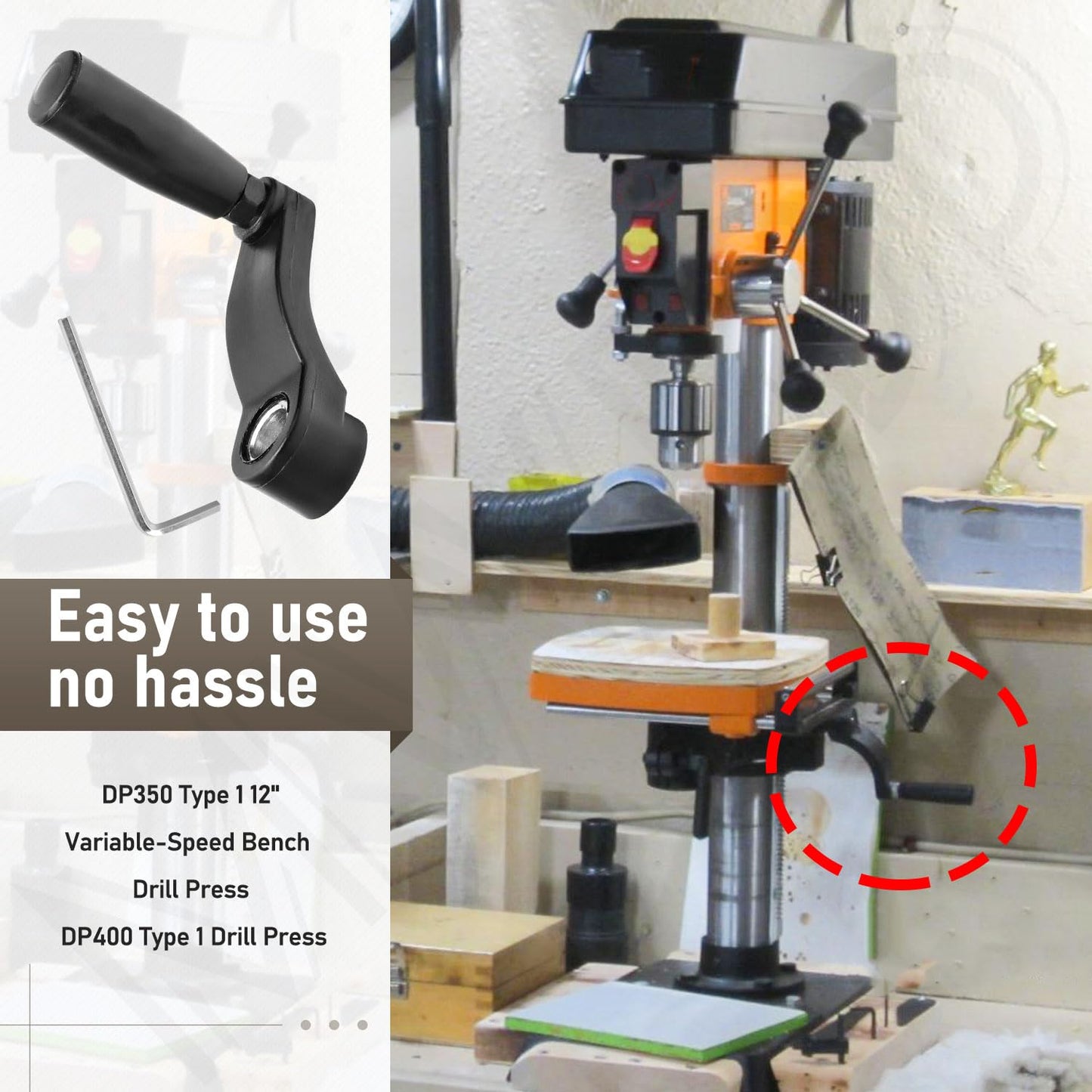 Drill Press Table Elevation Crank Handle 1344258 for Delta drill Press Table, having a 14.5 mm (9/16") diameter elevating shaft and 6" swing