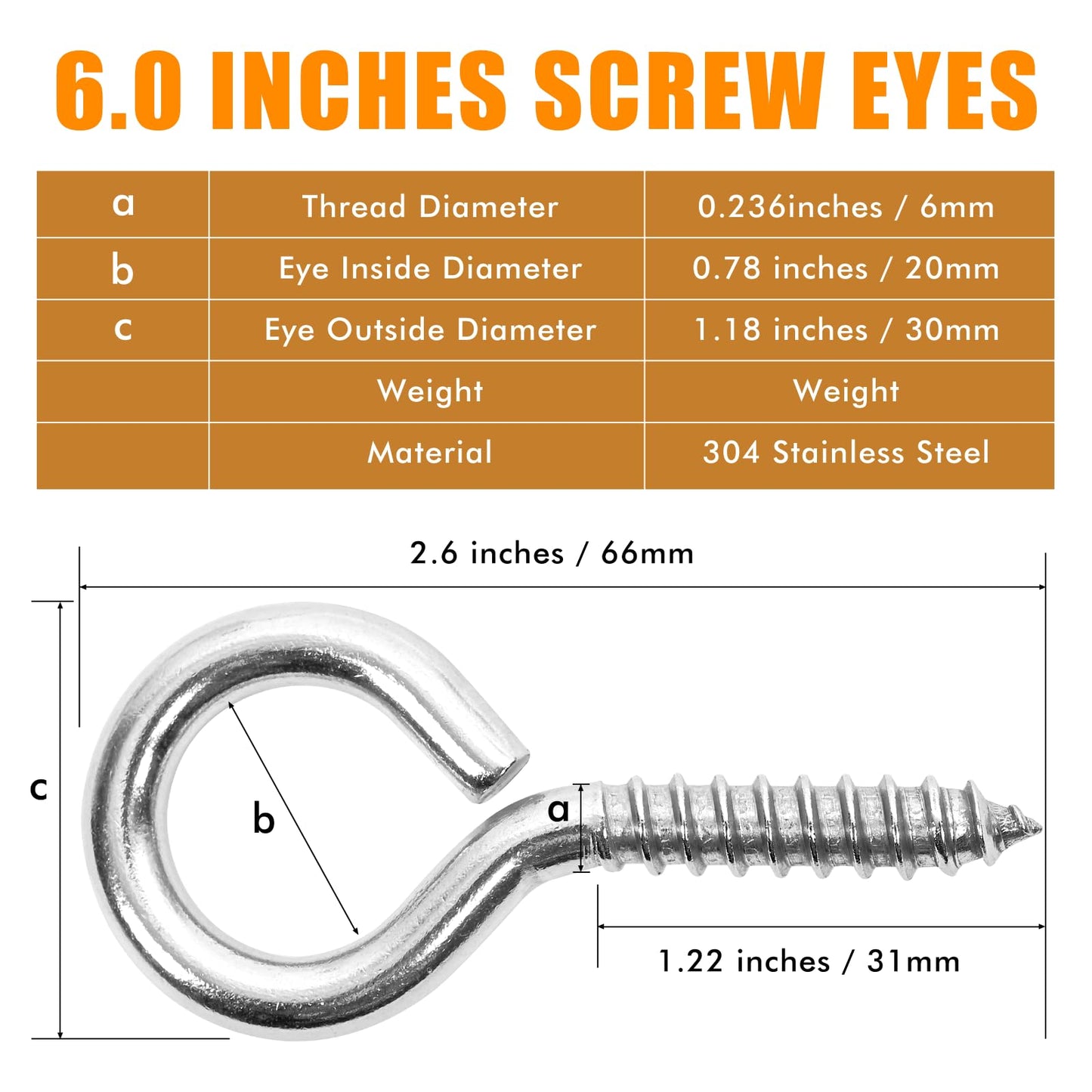 10PCS 2.5 inches Screw Eyes M6 304 Stainless Steel Eye Screws, Heavy Duty Screw, Eye Hooks Screw Eye Bolts Eye Hooks Screw, Indoor & Outdoor Uses (10, M6-2.5inch)