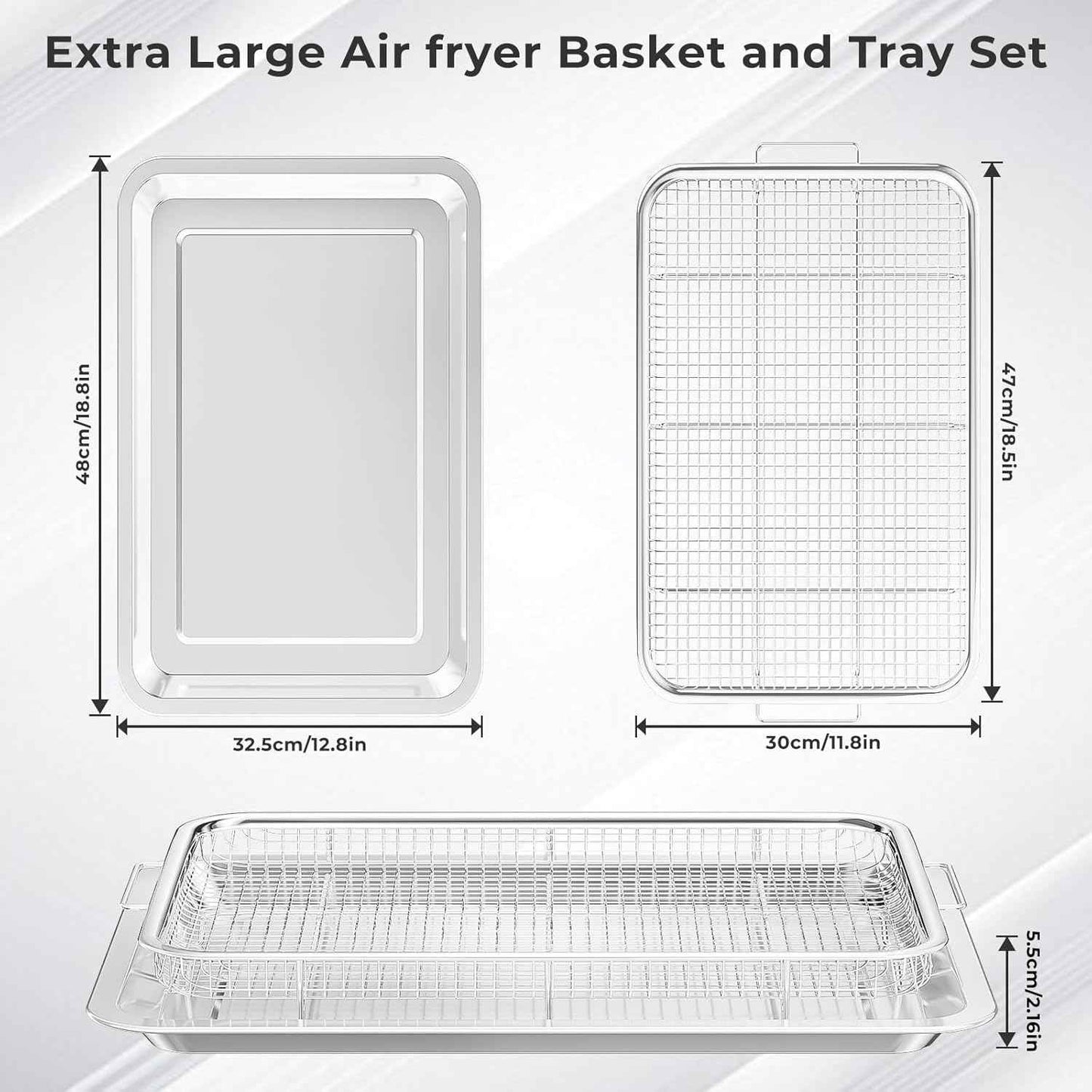 Air Fryer Basket Set with Parchment Papers - Non-Stick Stainless Steel Trays (2 Sizes)