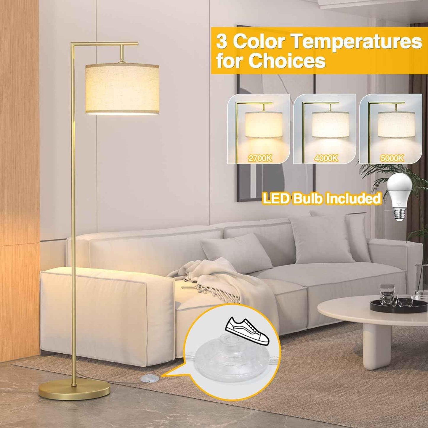 Adjustable Black Floor Lamp for Living Room - 3 Color Temperatures & Beige Linen Shade