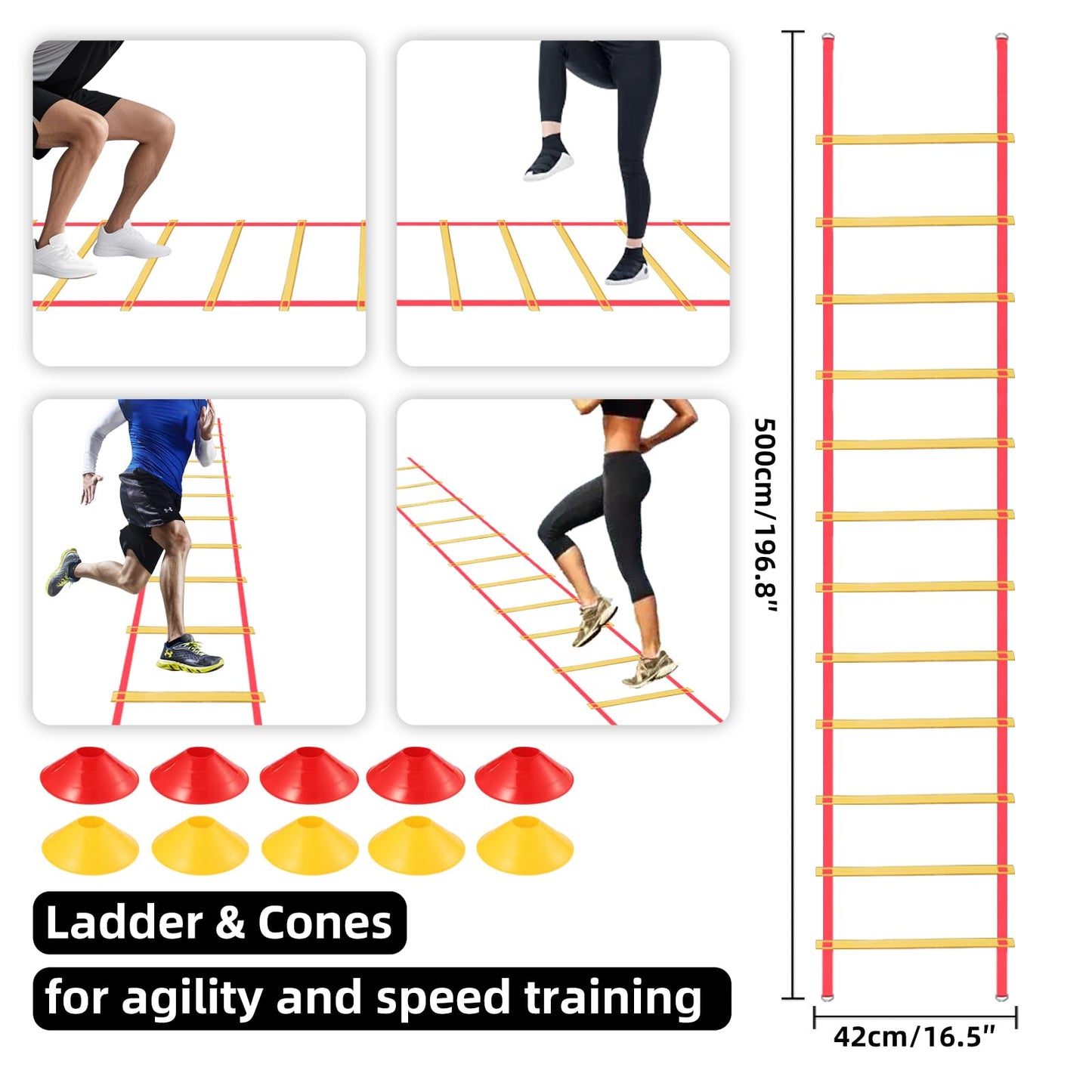 Soccer Agility Training Poles Equipment with Bag, 6 Agility Poles, 3 Horizontal Sticks,1 Agility Ladder with Bag, 10 Soccer Cones, Multifunctional Speed Training Equipment for Youth Adults