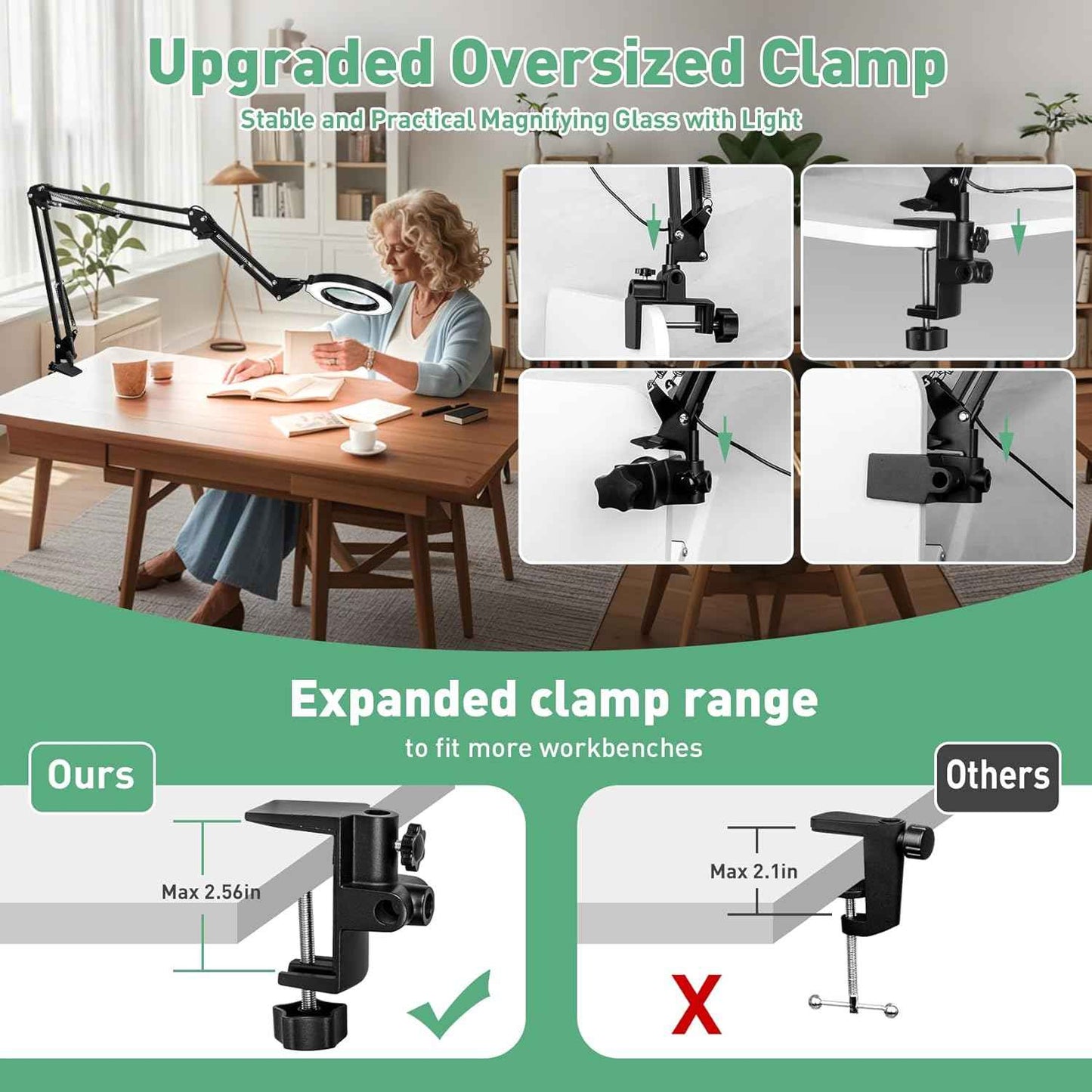 12X LED Magnifying Glass Desk Lamp with Swing Arm & Clamp - 5 Brightness Levels for Crafts & Reading