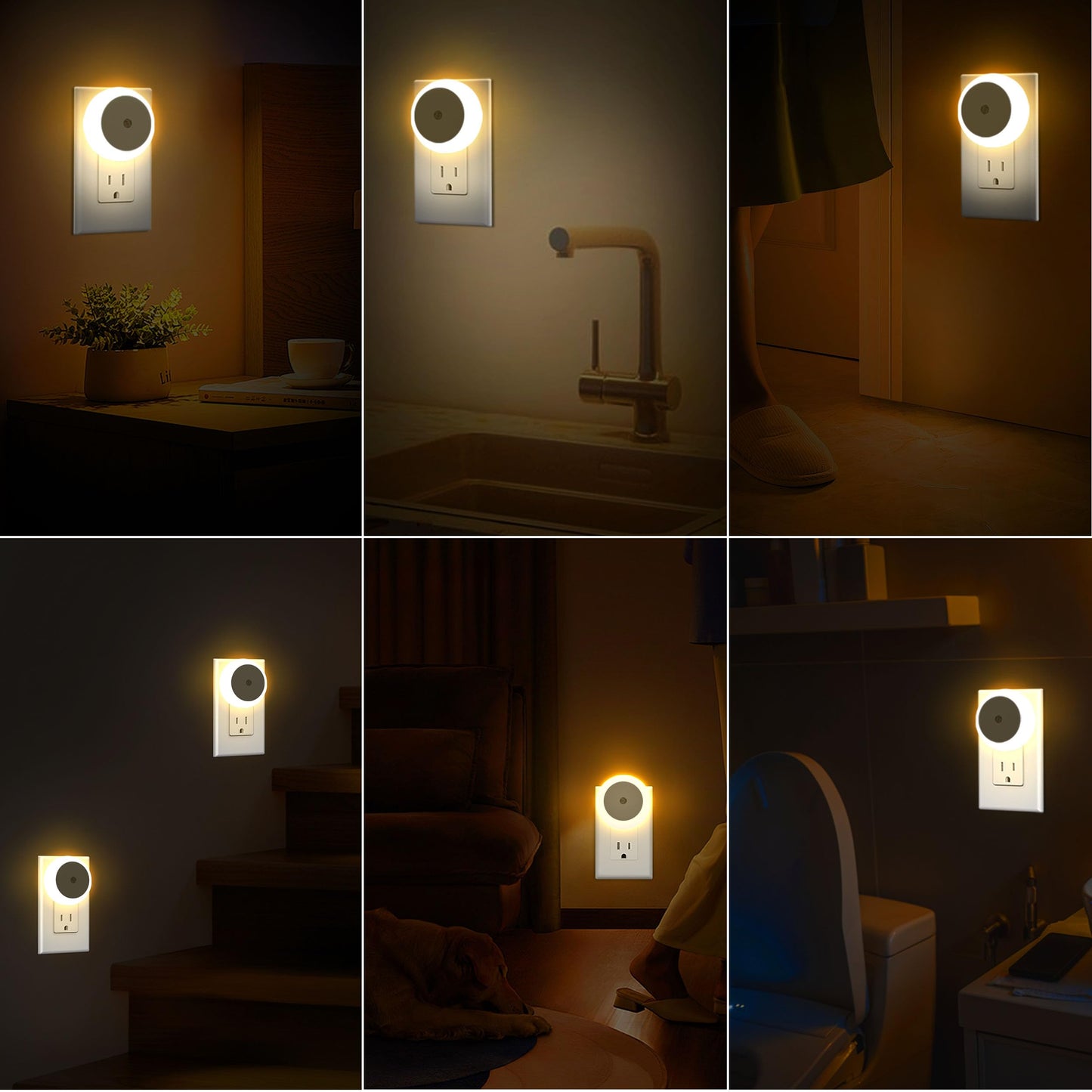 Jedqlnye LED Night Lights Plug into Wall 6 Packs,Dusk-to-Dawn Light Sensor with Automatically Turn on and Off Wall Night Light for Bedroom,Bathroom,Stairs,Corridor (Warm White, Round-6pack)