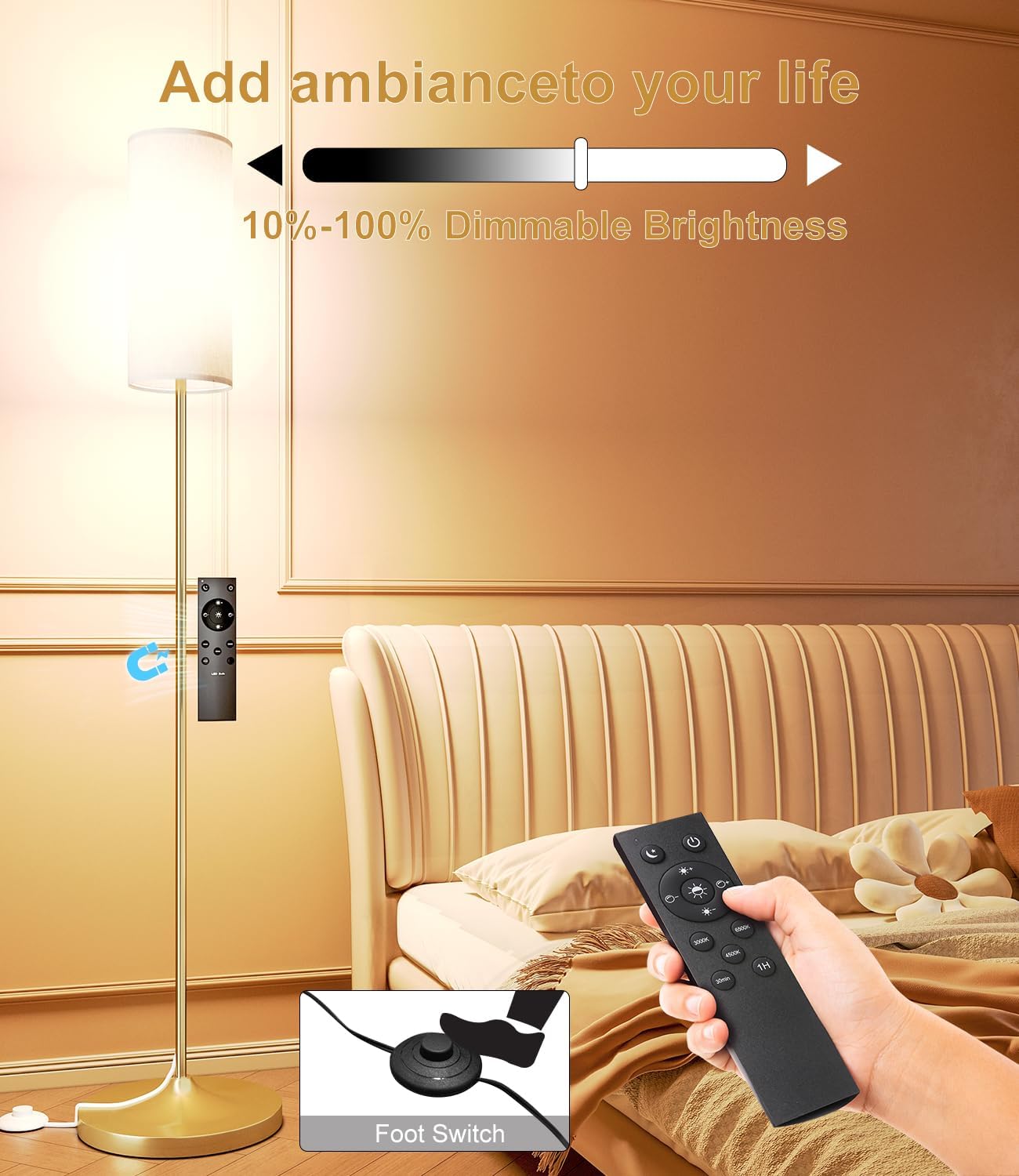 LED Floor Lamp with Remote & Dimmable Feature - Modern Gold Standing Lamp for Living Room & Bedroom