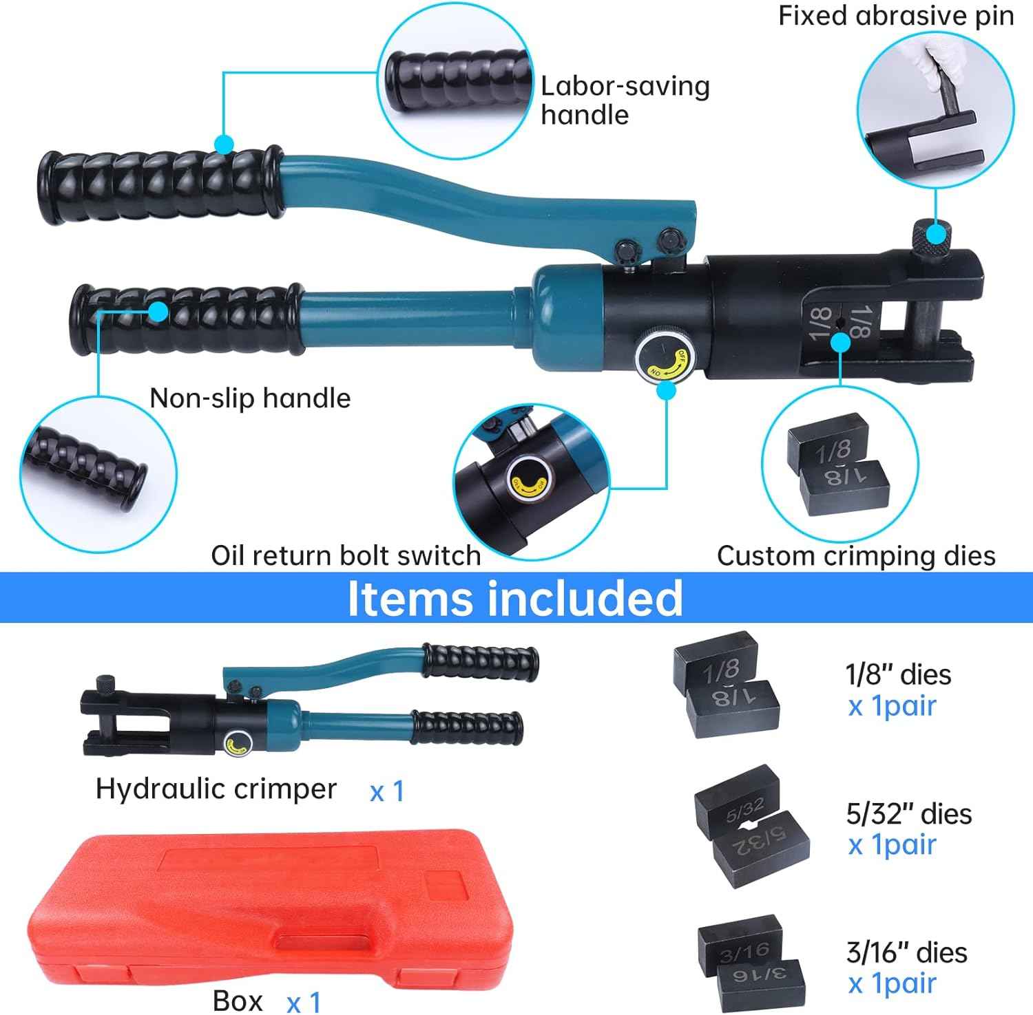 Hydraulic Crimping Tool for Stainless Steel Cable Railing - Muzata Custom Cable Swaging Kit with Wire Cutter (1/8", 5/32", 3/16")