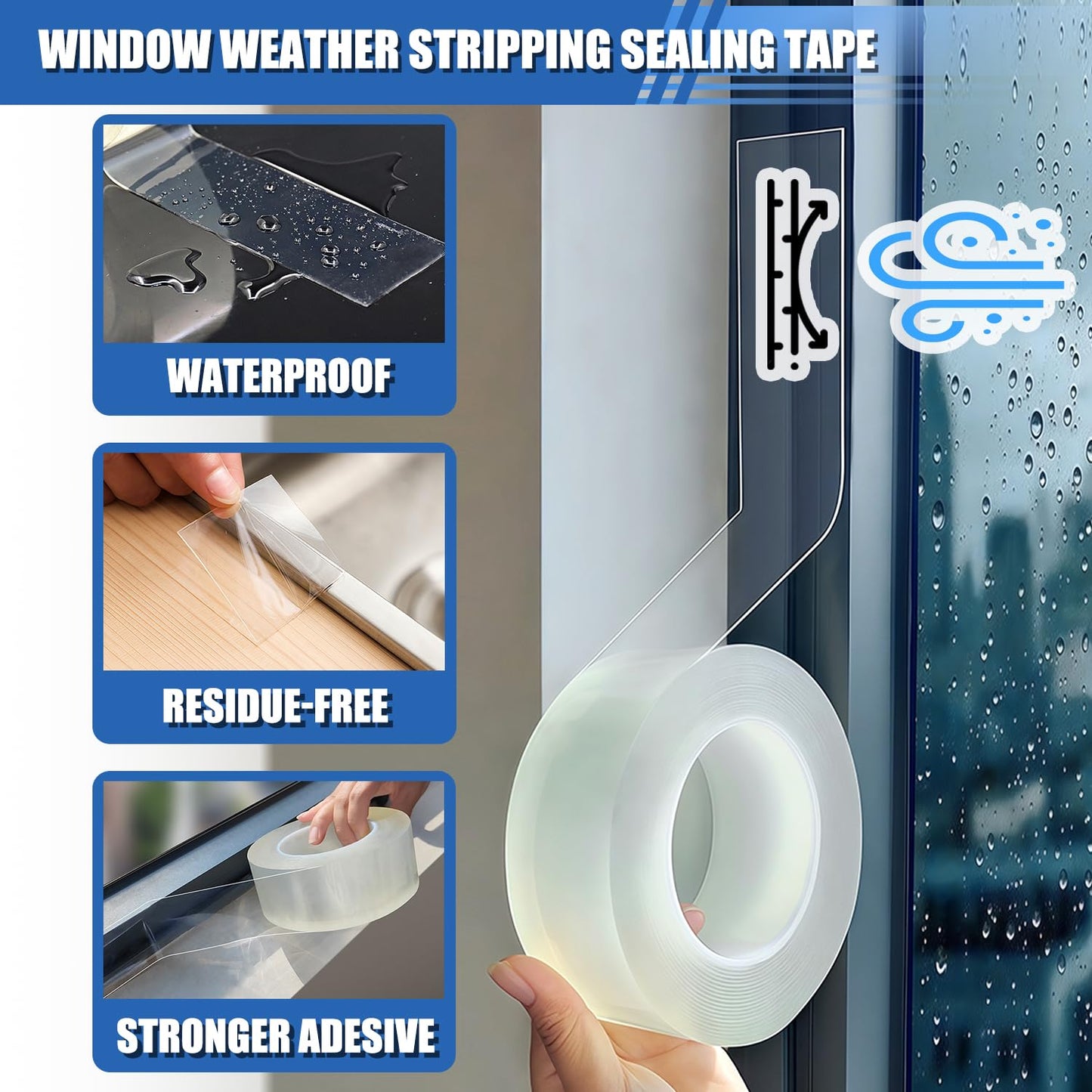Window Weather Sealing Tape 2 in x 33 FT Weather Stripping Weatherproof Draft Stopper Clear Window Insulation Tape for Doors Windows Garages RVs Energy Saving Kit