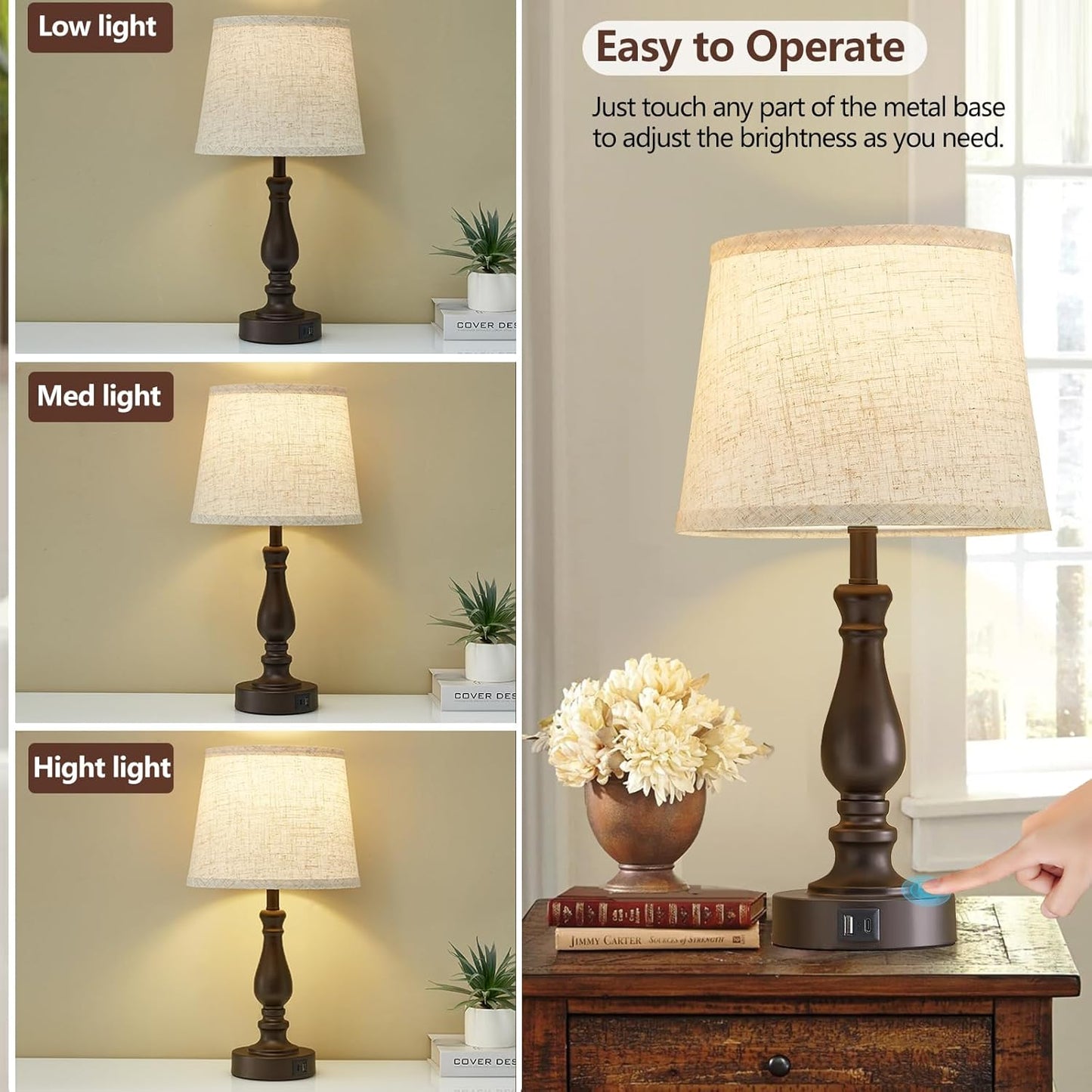 Touch Bedside Table Lamps Set of 2 with USB C+A Ports - 3-Way Dimmable Linen Shade